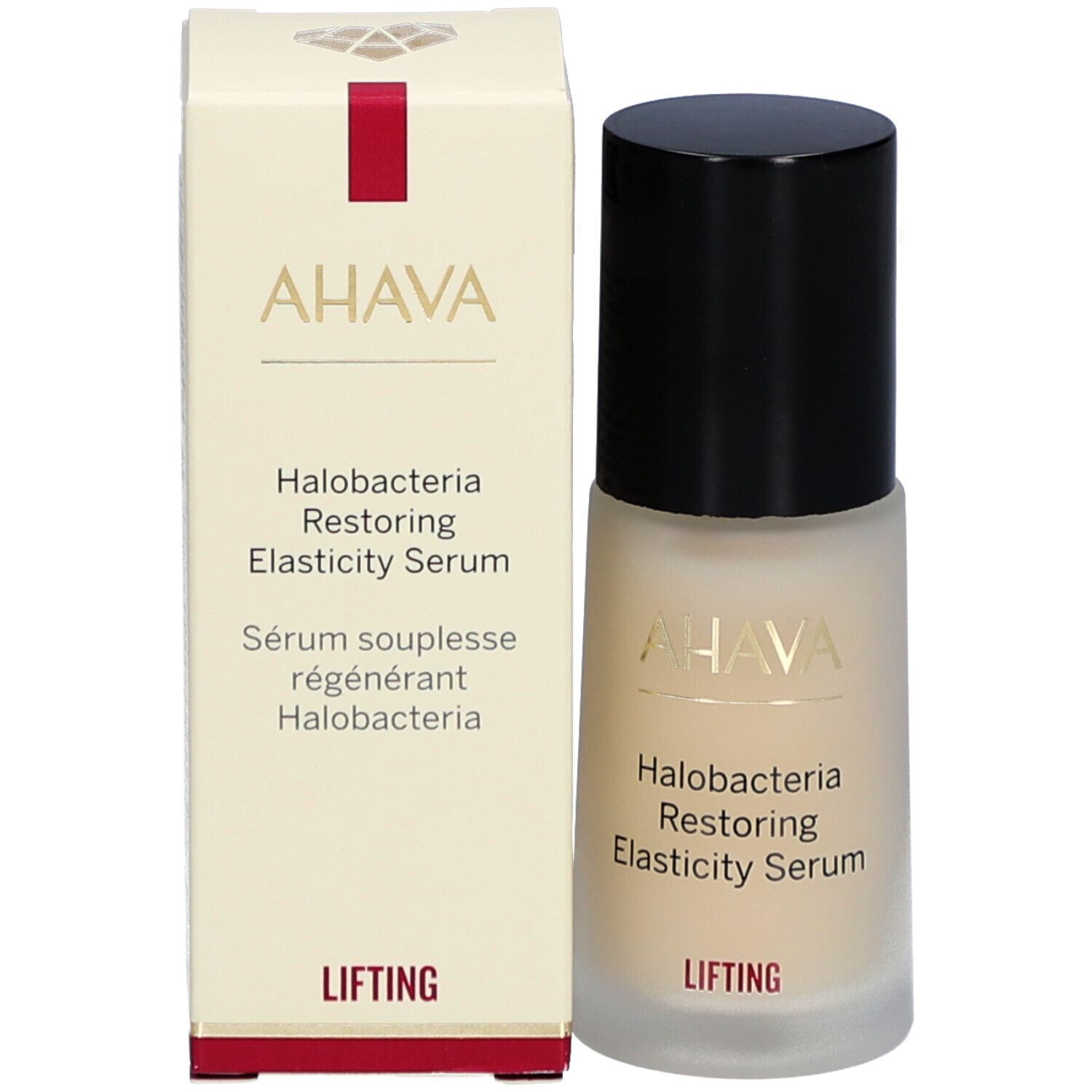 Sérum AHAVA et emballage. Inscription: Halobacteria Restoring Elasticity Serum. "Lifting" sur fond rouge. Emballage.