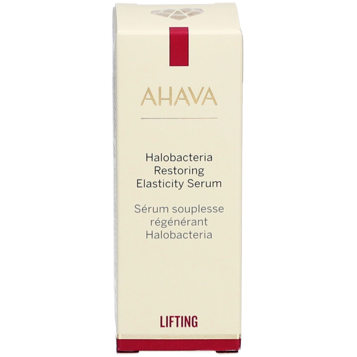 Emballage du sérum AHAVA. Inscription: Halobacteria Restoring Elasticity Serum. "Lifting" sur fond rouge. Emballage.