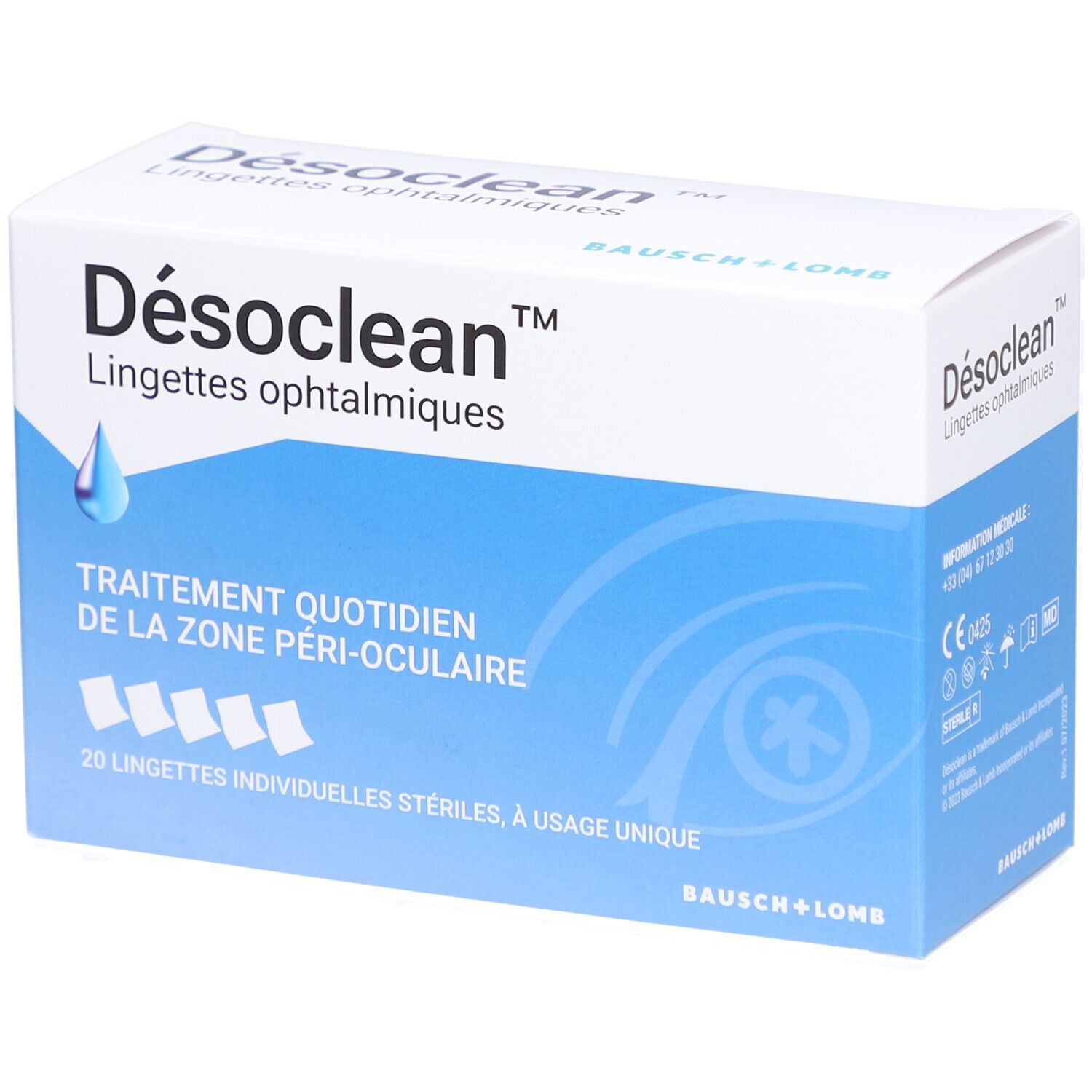 Boîte de Désoclean Lingettes ophtalmiques. Boîte blanche et bleue avec nom et logo. Contient 20 lingettes stériles.