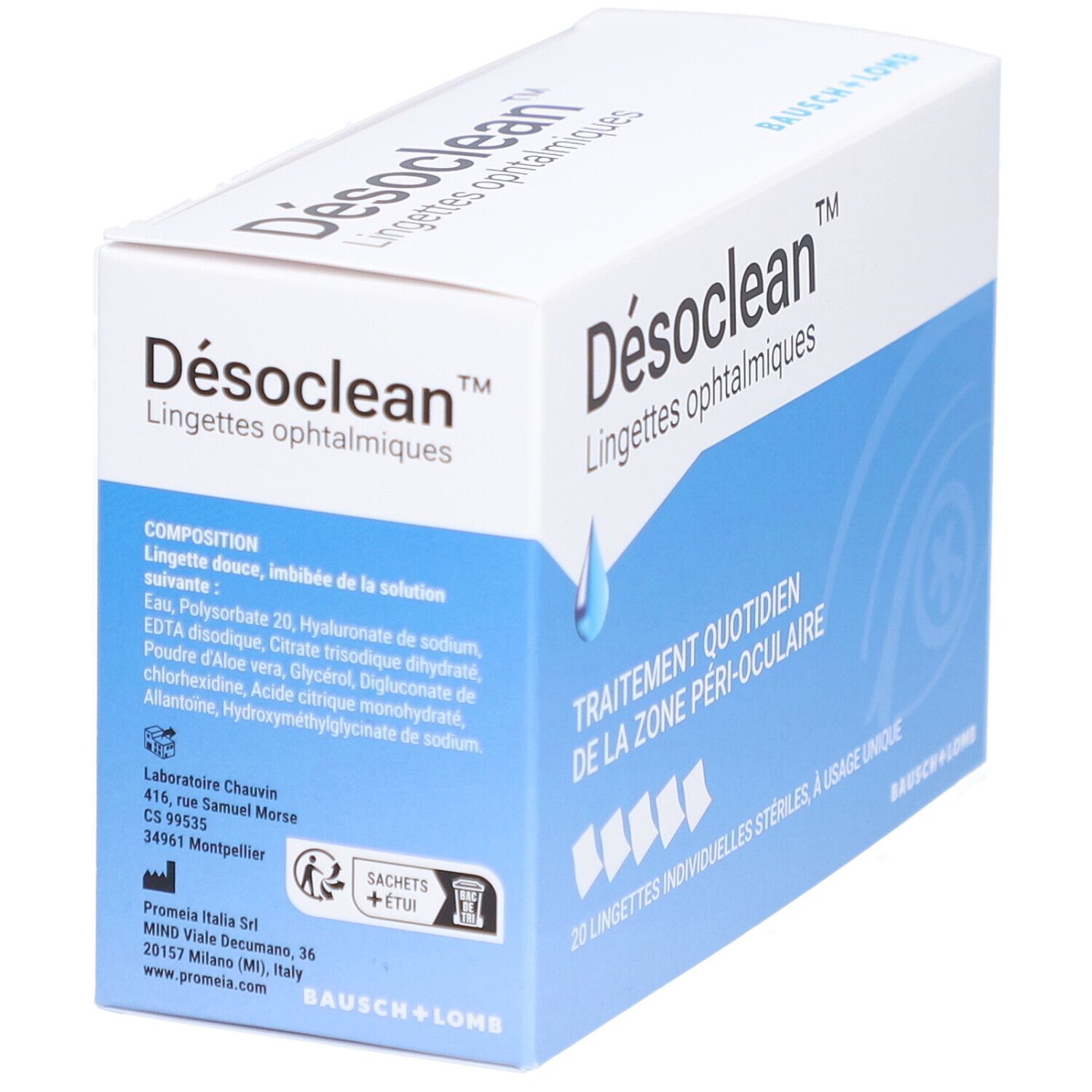 Boîte de Désoclean Lingettes ophtalmiques. Ingrédients et informations fabricant. Boîte blanche et bleue.