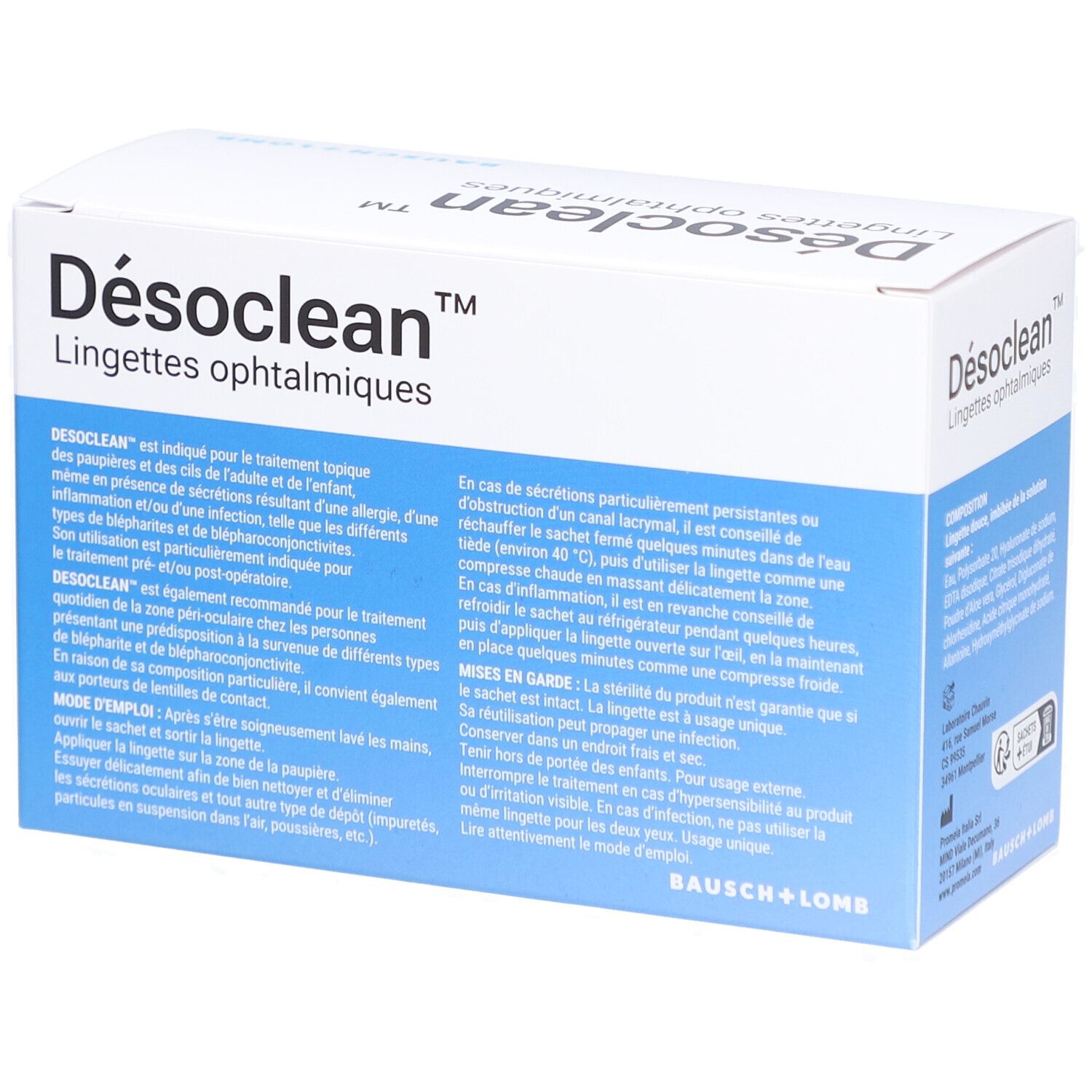 Boîte de Désoclean Lingettes ophtalmiques. Contient des instructions d'utilisation. Boîte blanche et bleue.