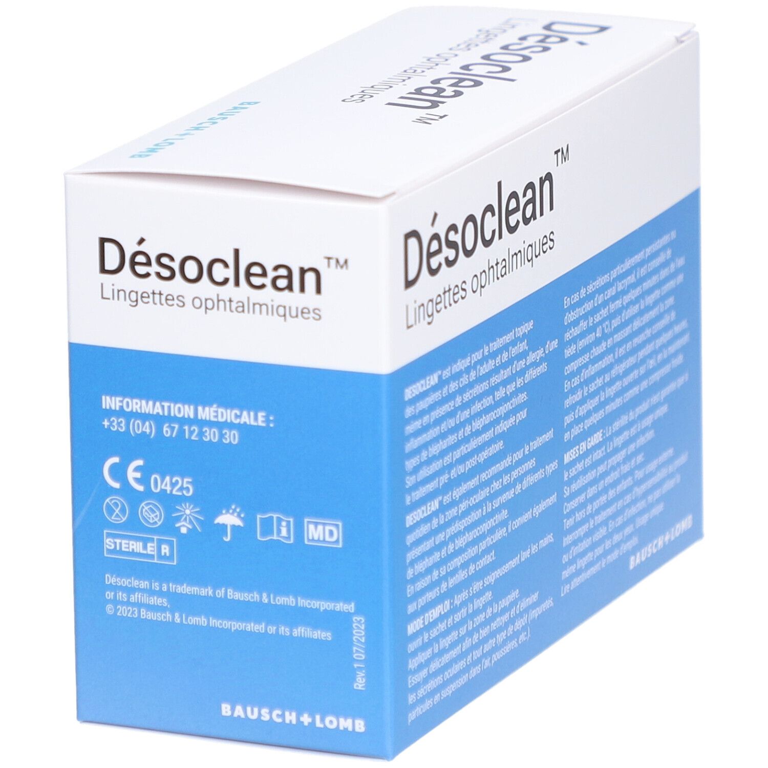 Boîte de Désoclean Lingettes ophtalmiques. Informations médicales et certifications. Boîte blanche et bleue.