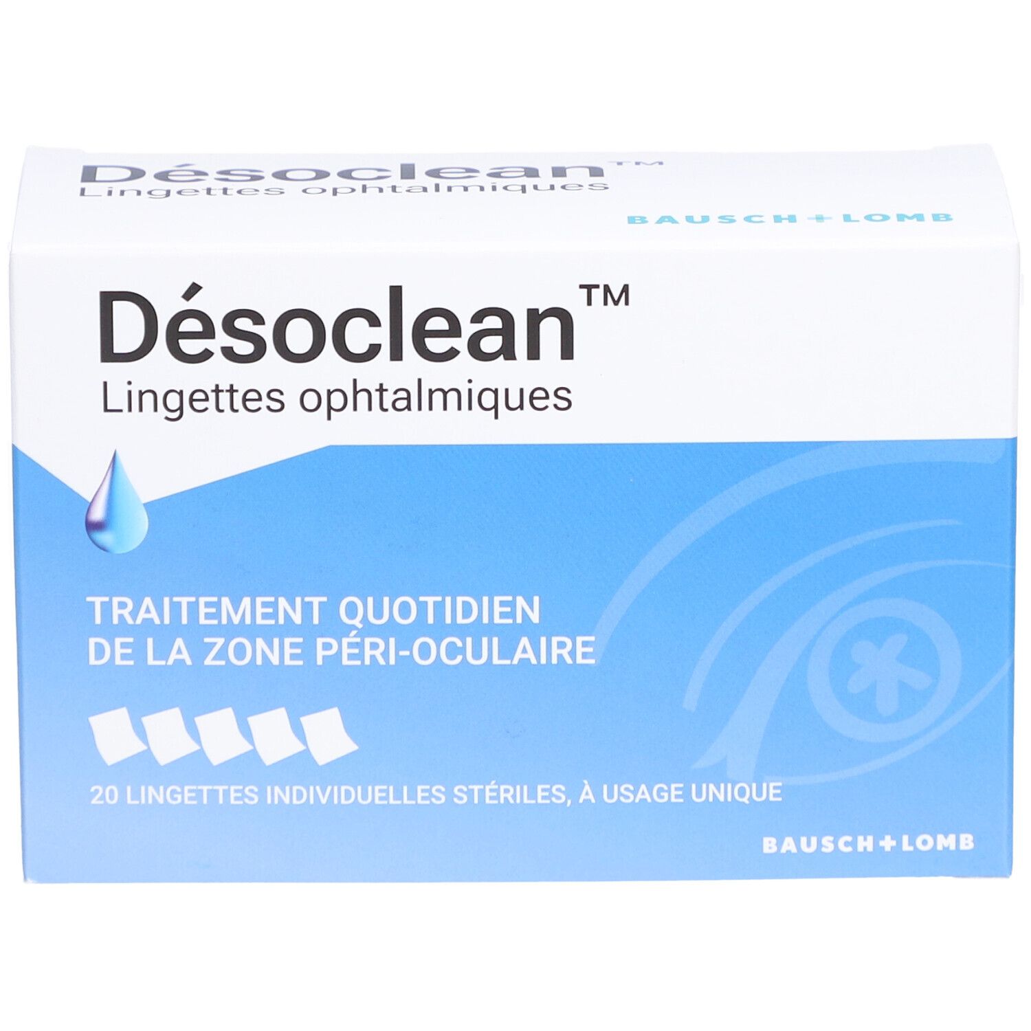 Boîte de Désoclean Lingettes ophtalmiques. Boîte blanche et bleue avec nom et logo. Contient 20 lingettes stériles.
