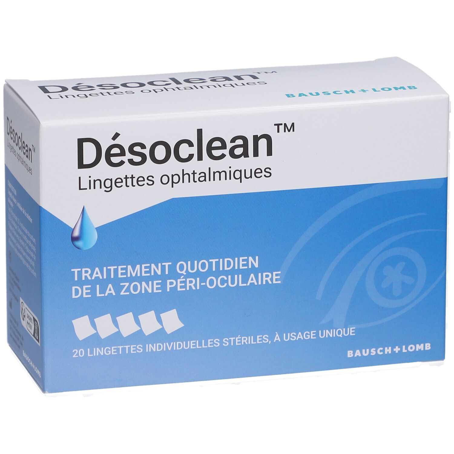 Boîte de Désoclean Lingettes ophtalmiques. Boîte blanche et bleue avec nom et logo. Contient 20 lingettes stériles.