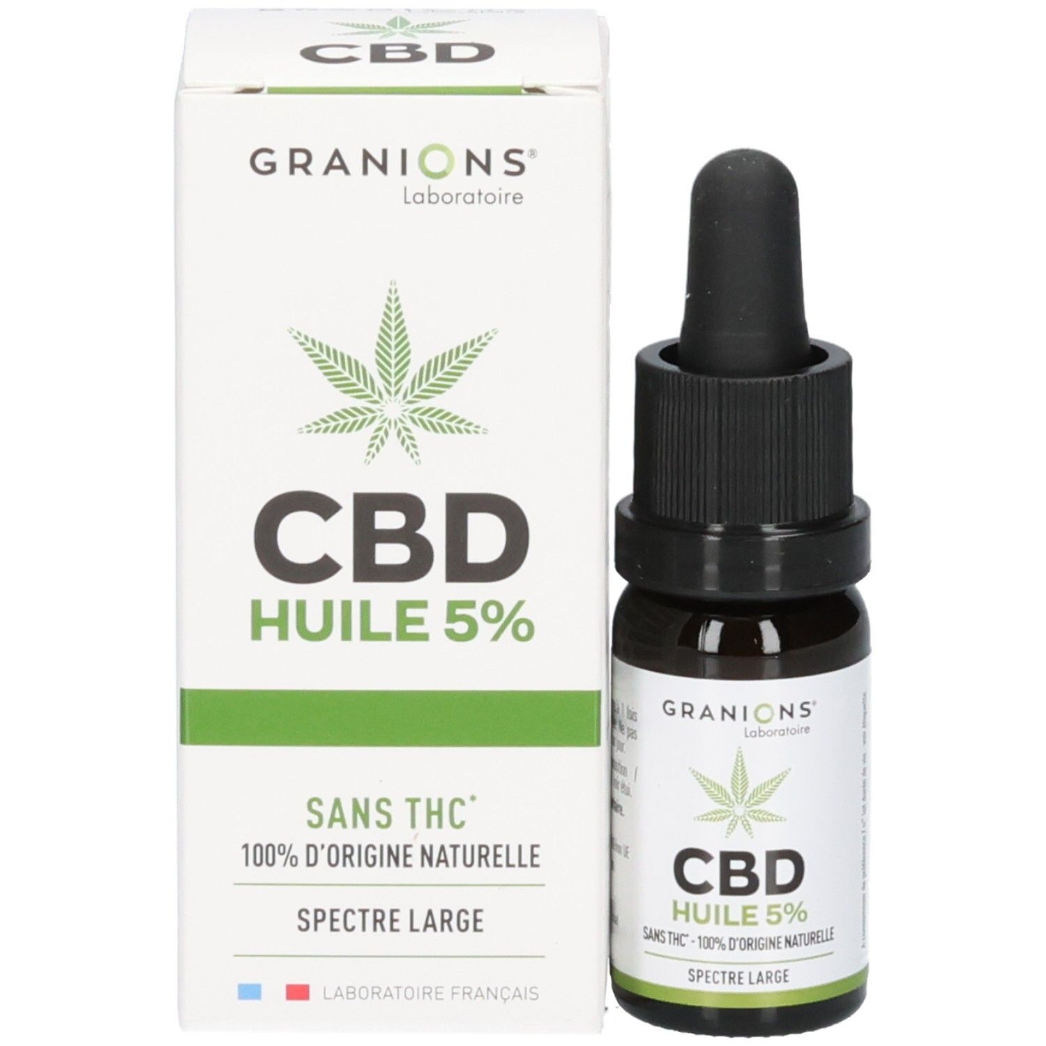 Emballage et flacon. Boîte blanche avec logo CBD vert. Flacon brun avec compte-gouttes.