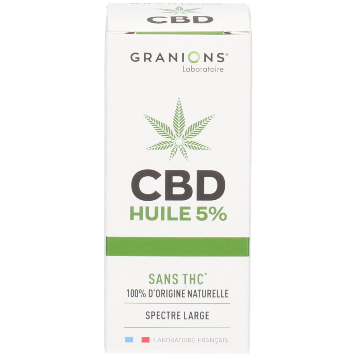 Boîte blanche avec logo CBD vert. Texte: CBD HUILE 5%. Sans THC. 100% d'origine naturelle.