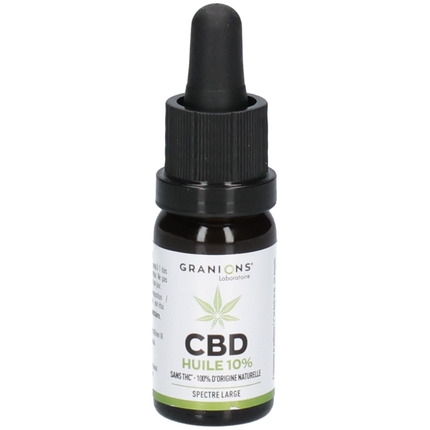 Flacon en verre brun avec bouchon noir et pipette. Inscription: CBD Huile 10%.
