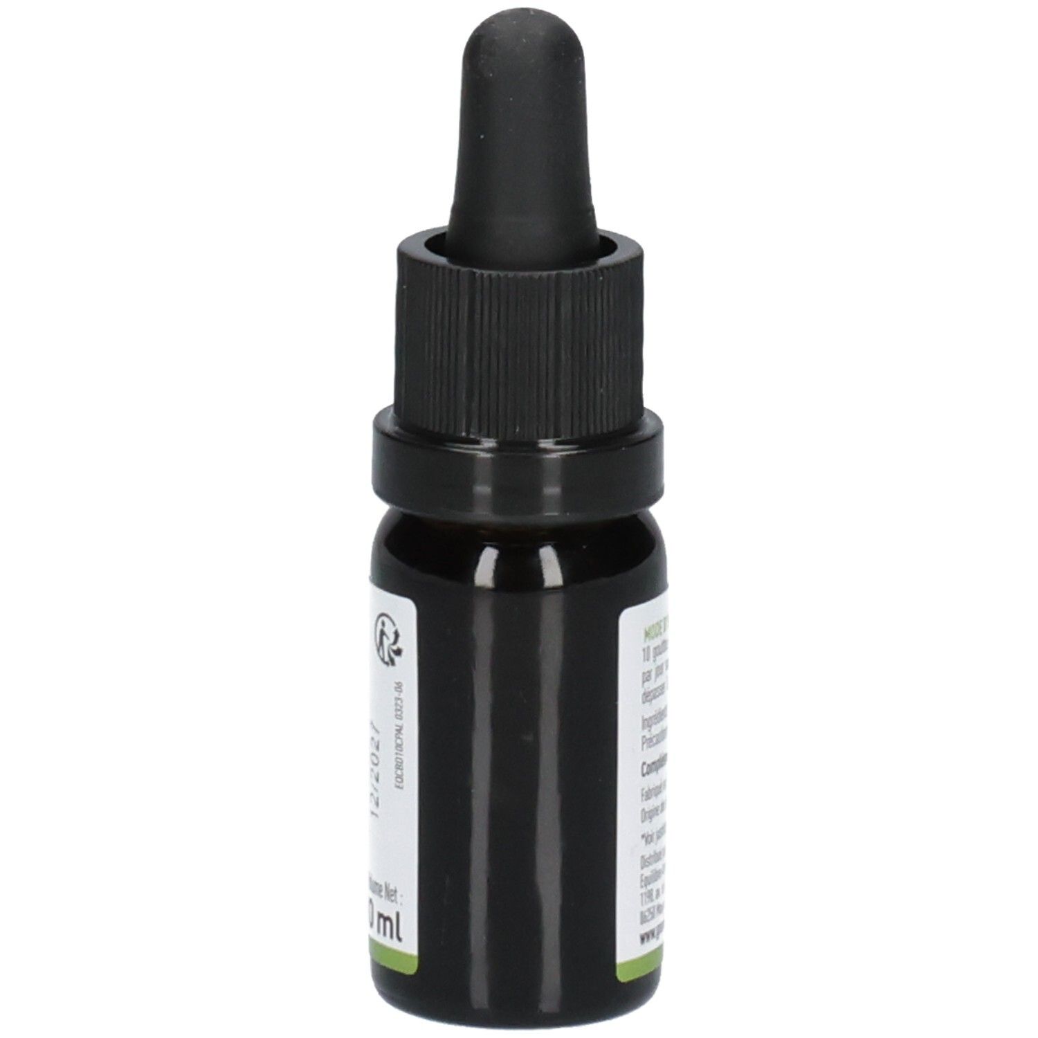 Flacon en verre brun avec bouchon noir. Inscription: 10 ml.