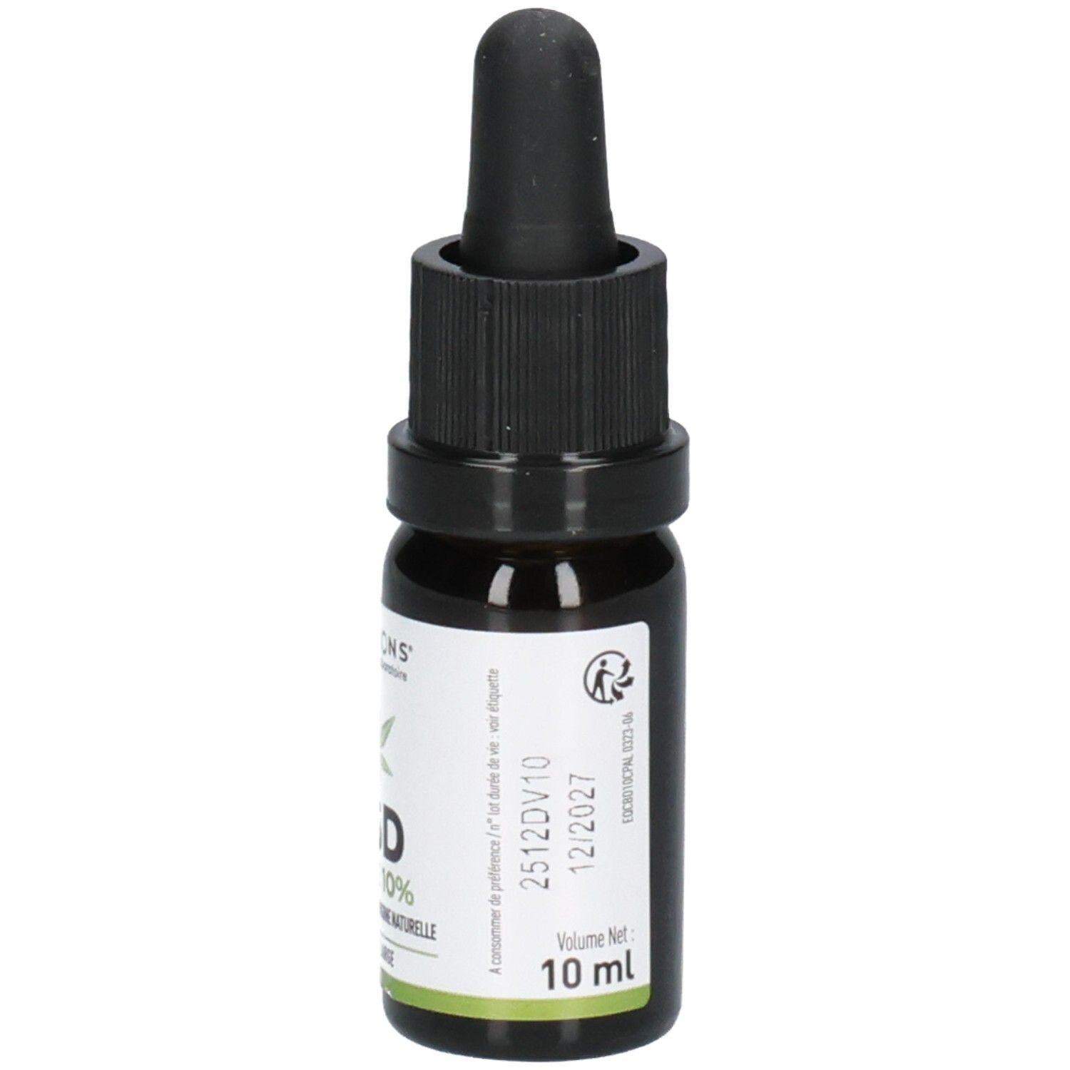 Flacon en verre brun avec bouchon noir. Inscription: 10 ml, date de péremption.