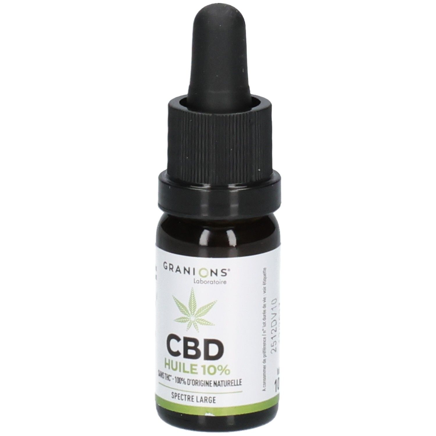 Flacon en verre brun avec bouchon noir et pipette. Inscription: CBD Huile 10%.