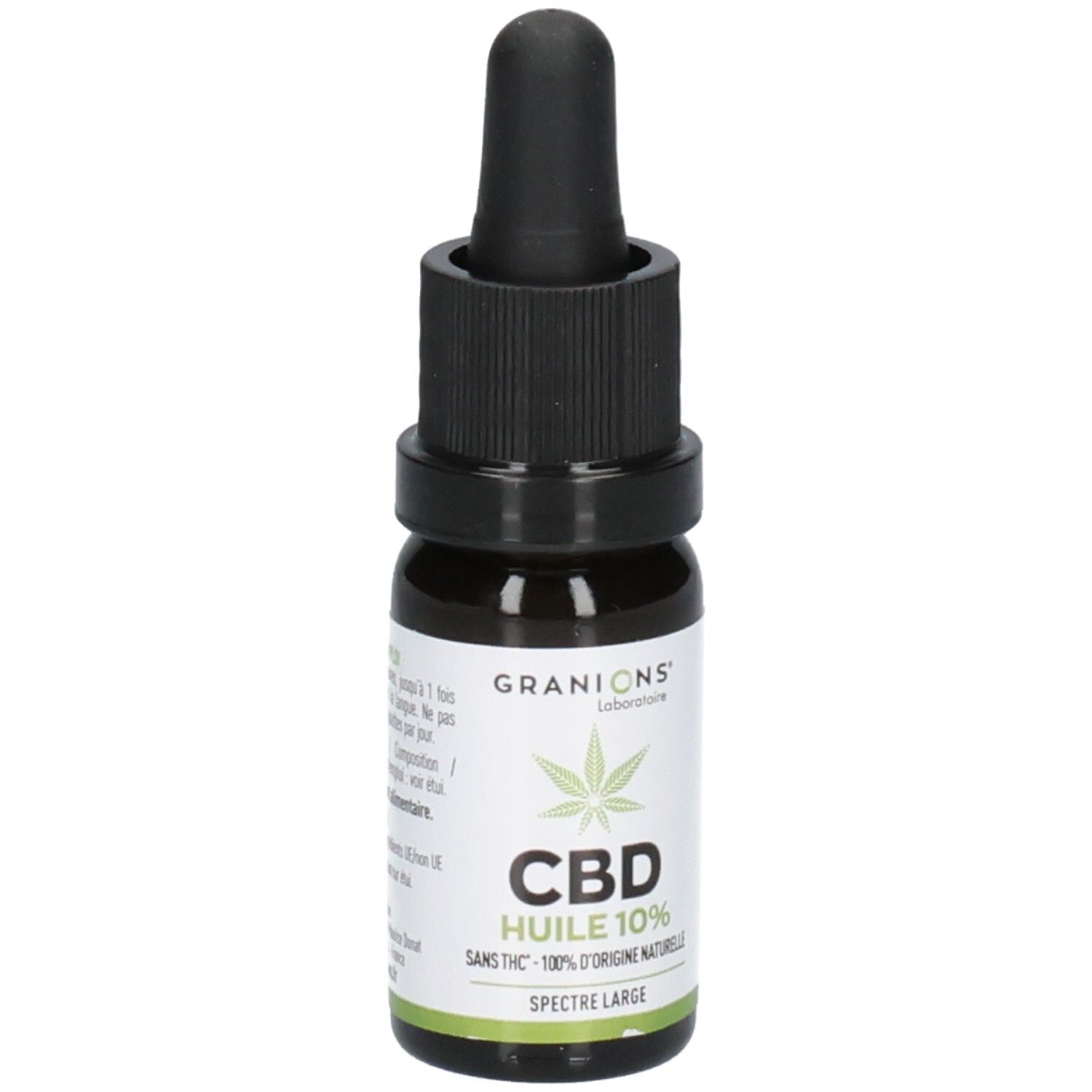 Flacon en verre brun avec bouchon noir et pipette. Inscription: CBD Huile 10%.