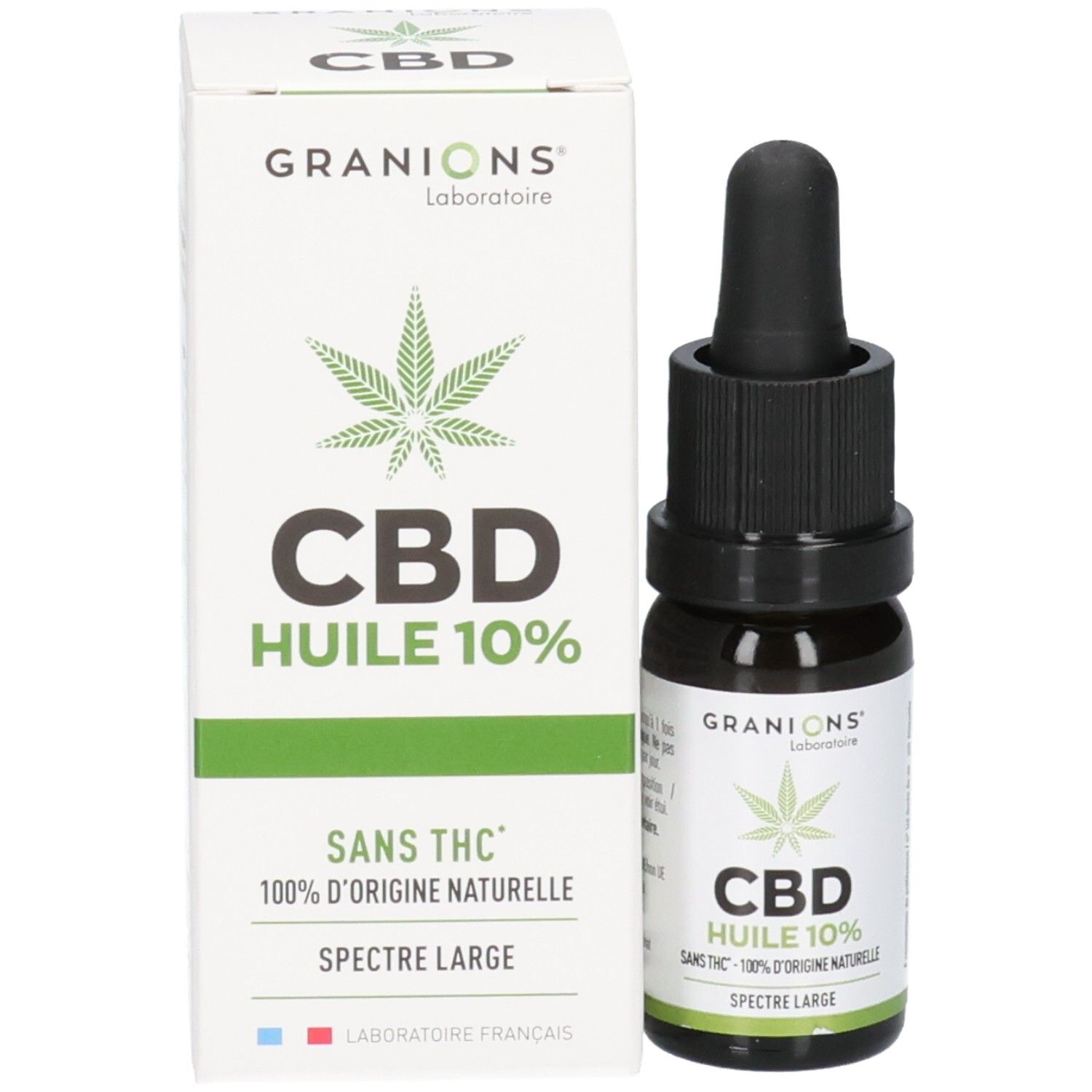 Flacon et emballage du produit. Inscription: CBD Huile 10%, sans THC, 100% d'origine naturelle.