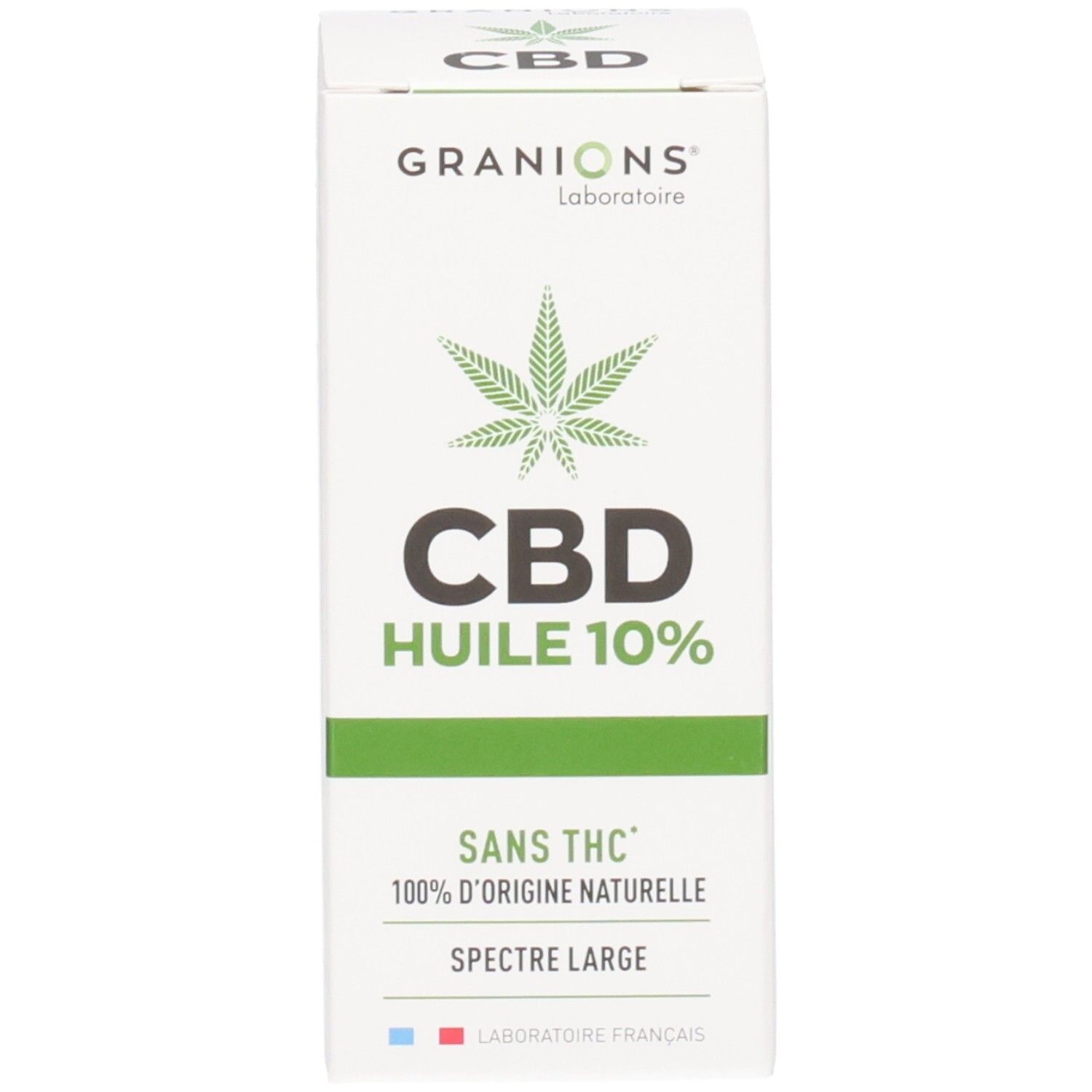 Emballage du produit. Inscription: CBD Huile 10%, sans THC, 100% d'origine naturelle.
