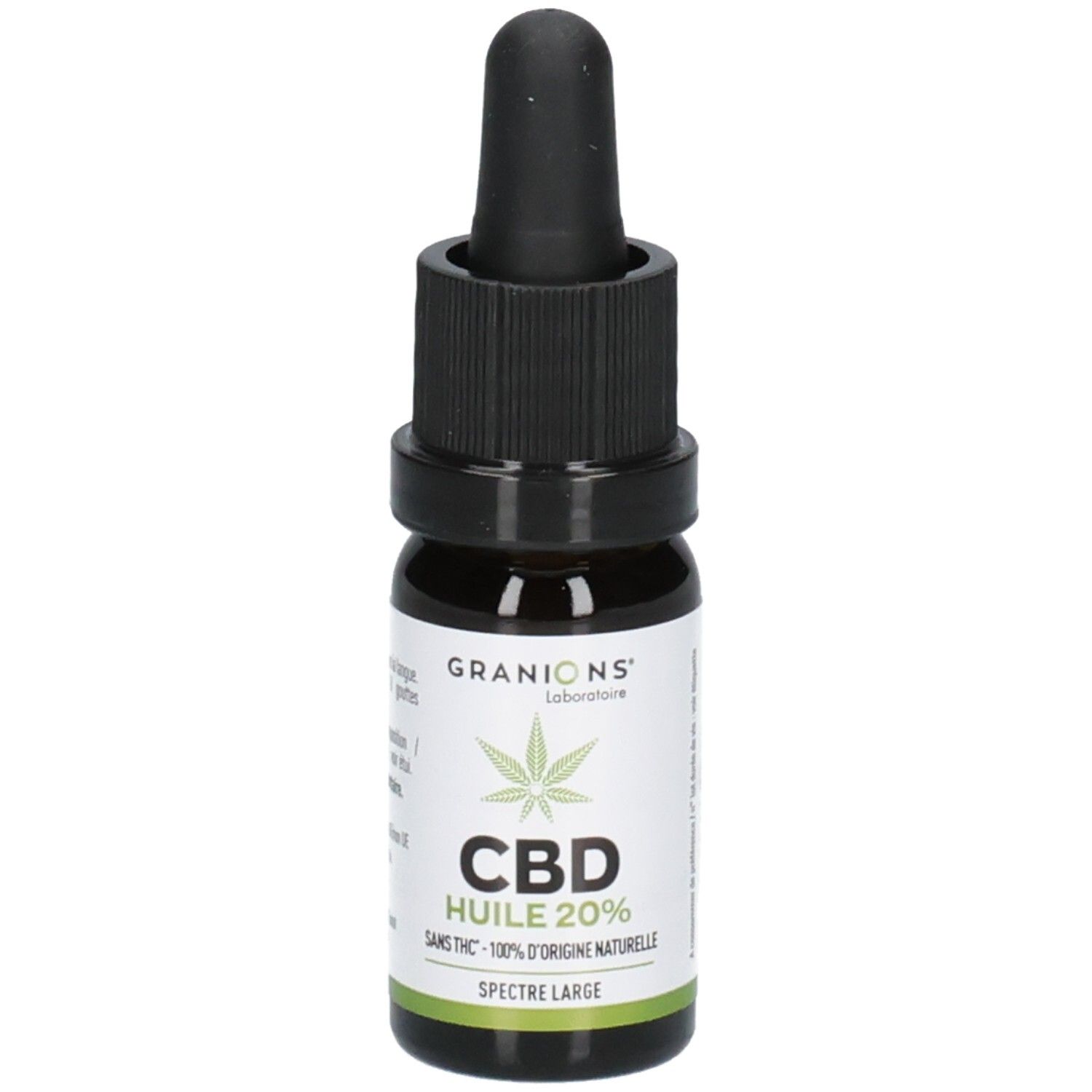Flacon en verre brun avec bouchon noir et pipette. Inscription: GRANIONS, CBD HUILE 20%, SPECTRE LARGE.