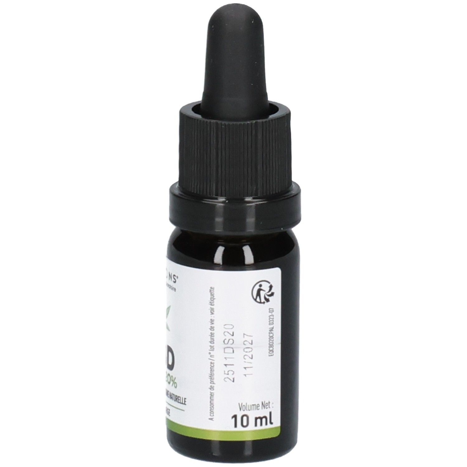 Flacon en verre brun avec bouchon noir. Inscription: 10 ml, date de péremption.