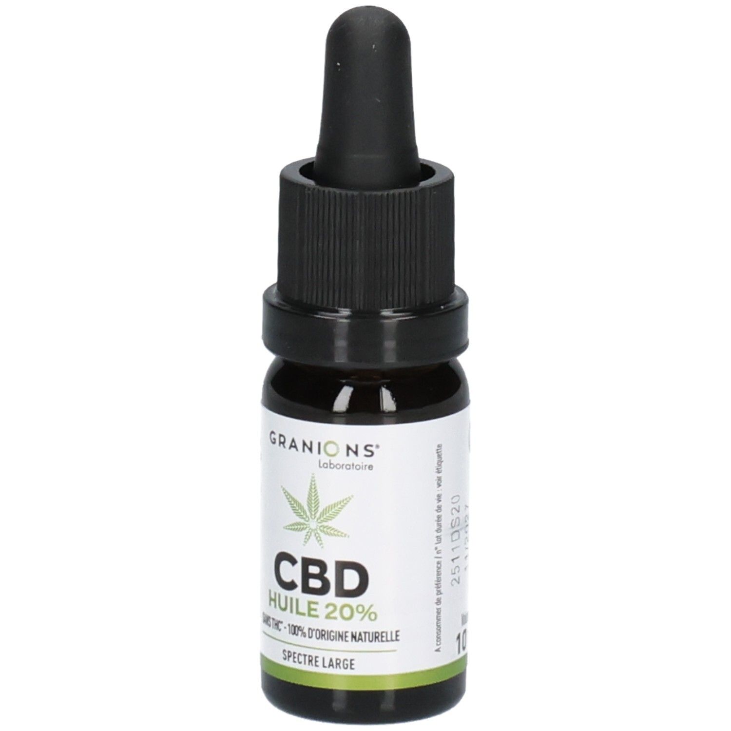 Flacon en verre brun avec bouchon noir. Inscription: GRANIONS, CBD HUILE 20%, SPECTRE LARGE.