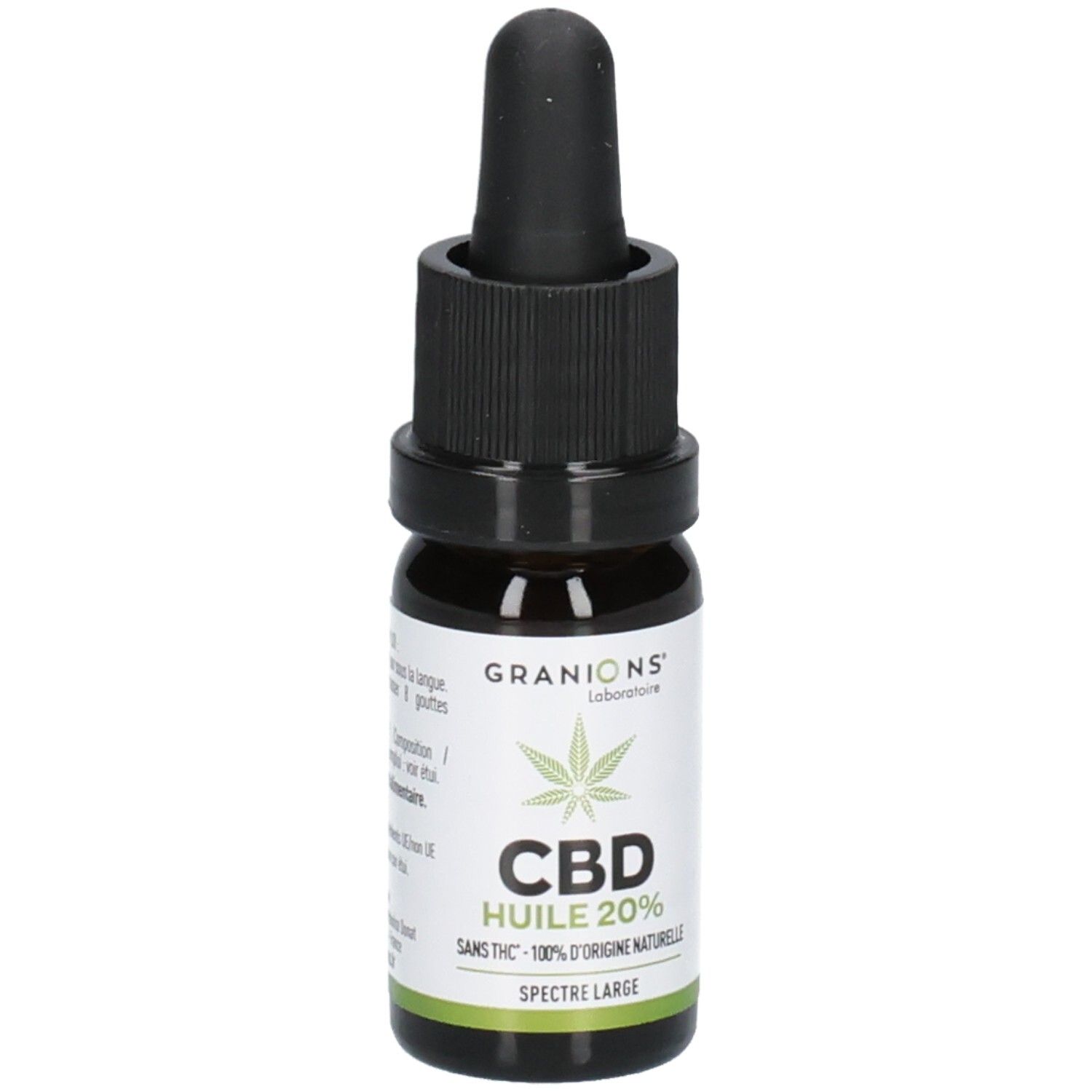 Flacon en verre brun avec bouchon noir. Inscription: GRANIONS, CBD HUILE 20%, SPECTRE LARGE.