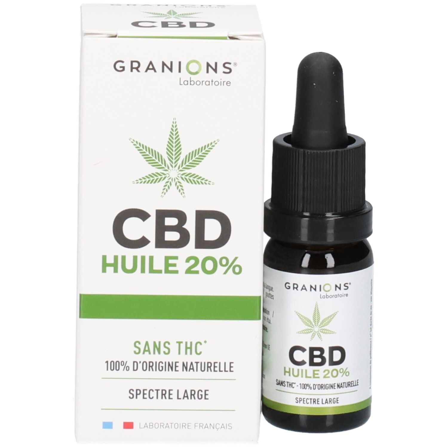 Emballage et flacon. Inscription: GRANIONS, CBD HUILE 20%, SPECTRE LARGE. Flacon avec pipette.