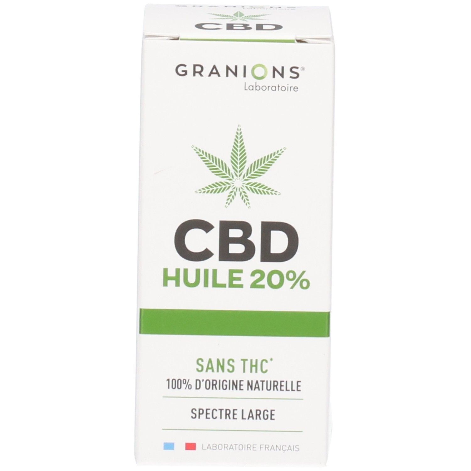 Emballage du produit. Inscription: GRANIONS, CBD HUILE 20%, SPECTRE LARGE.