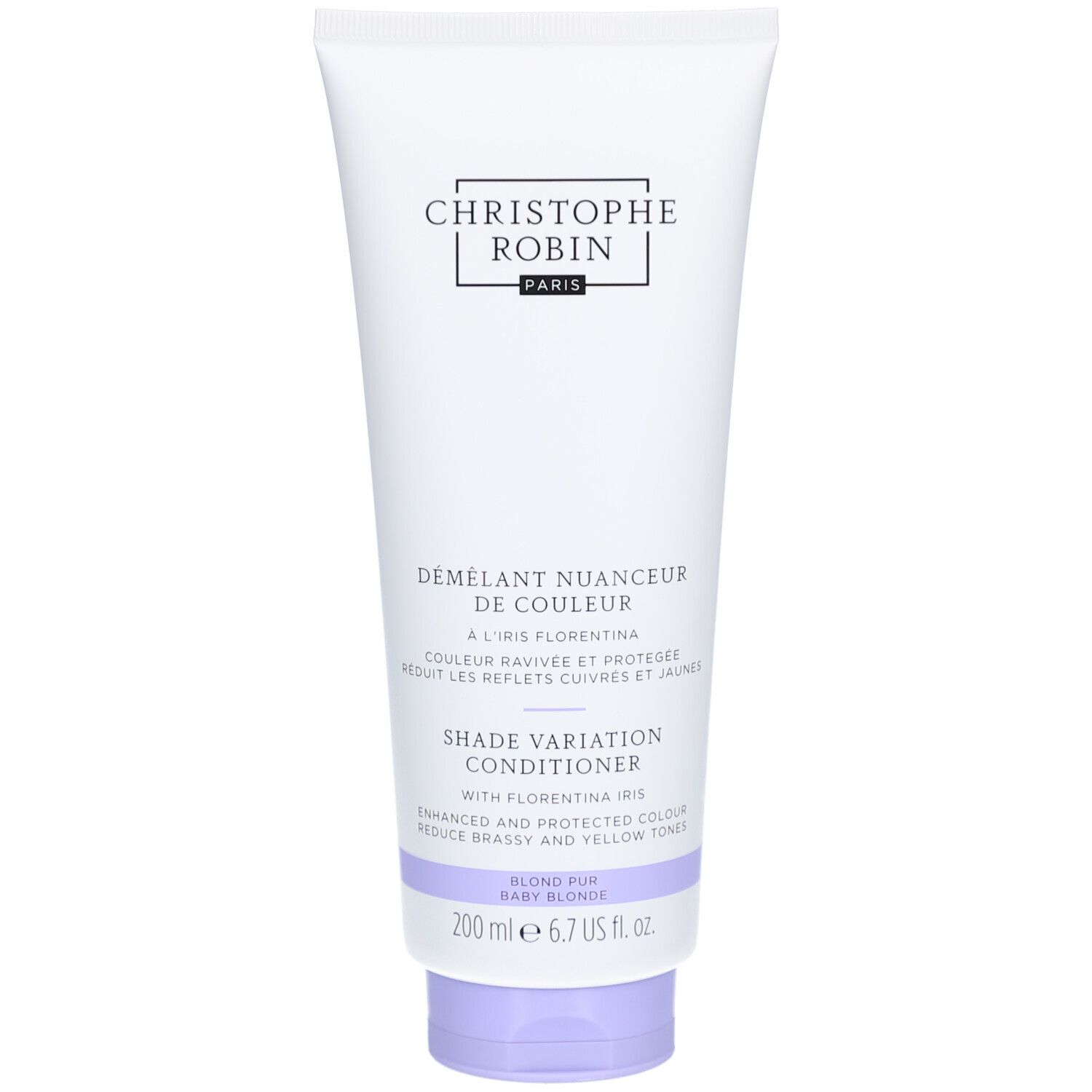 Tube blanc, bouchon violet. Texte noir: Christophe Robin Paris. Démêlant Nuanceur de Couleur. Shade Variation Conditioner. 200 ml.
