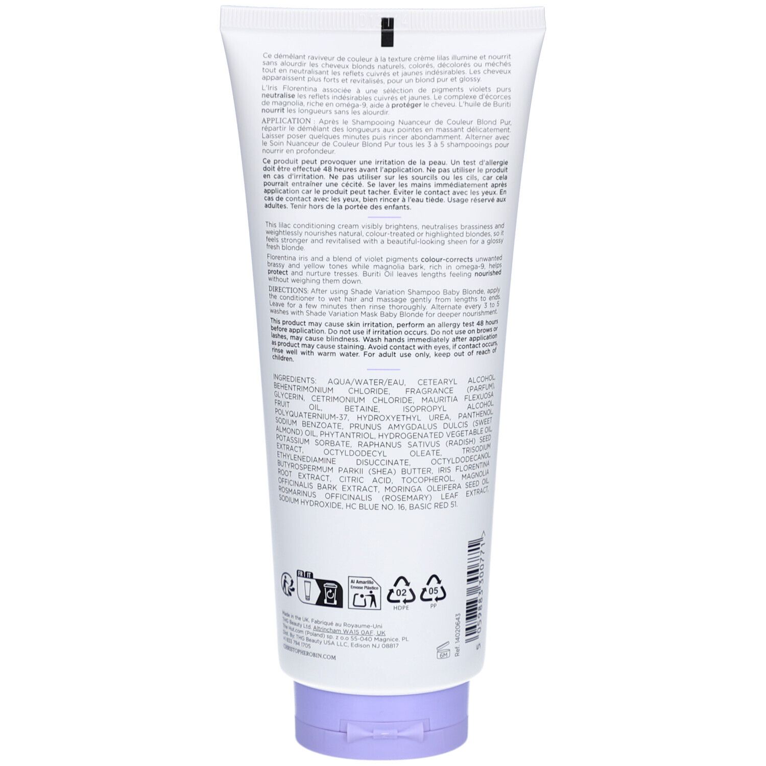 Dos d'un tube blanc avec bouchon violet. Texte multilingue. Ingrédients et symboles de recyclage et d'entretien.