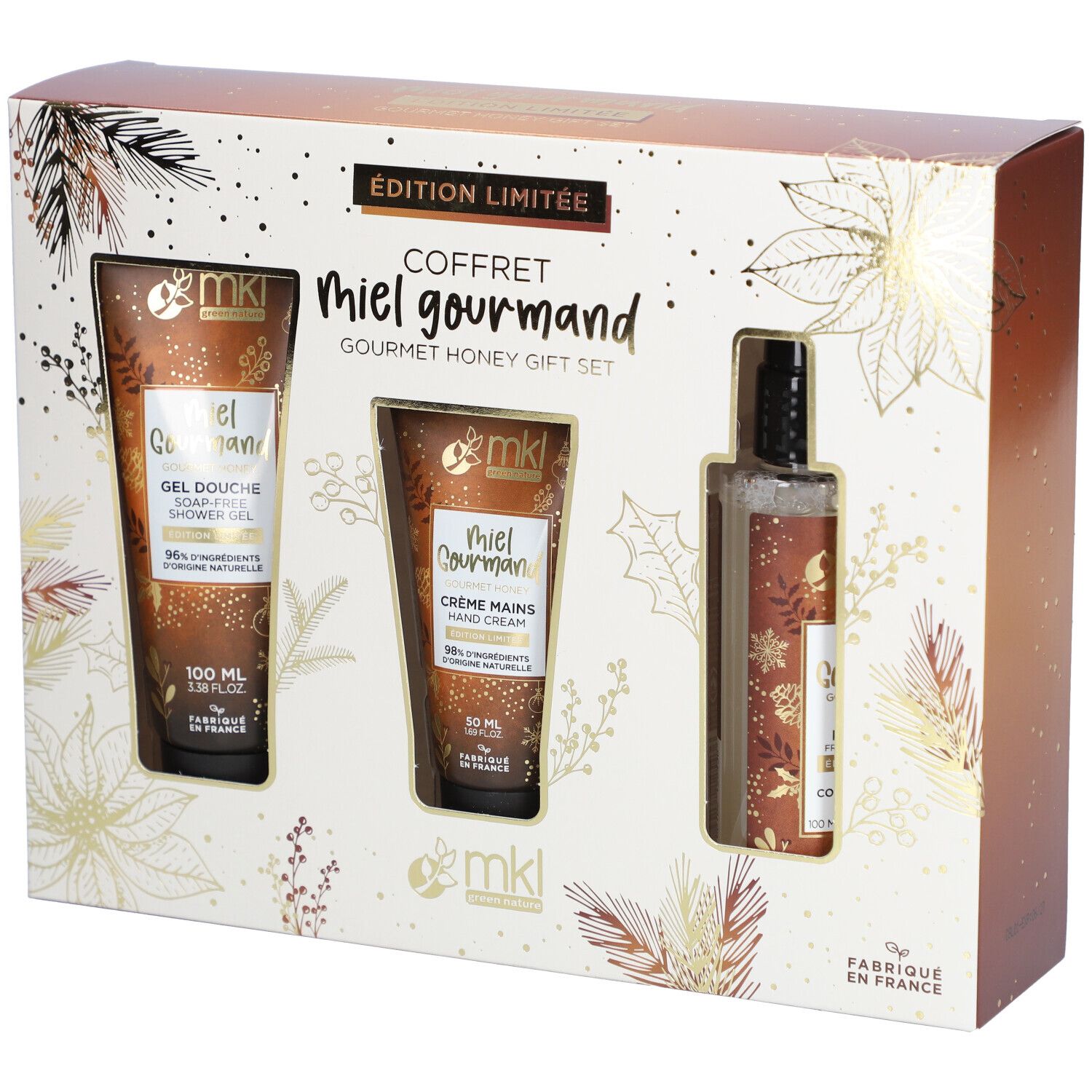 Coffret cadeau avec gel douche, crème mains et brume parfumée. Boîte avec motifs floraux et inscription "Édition Limitée".