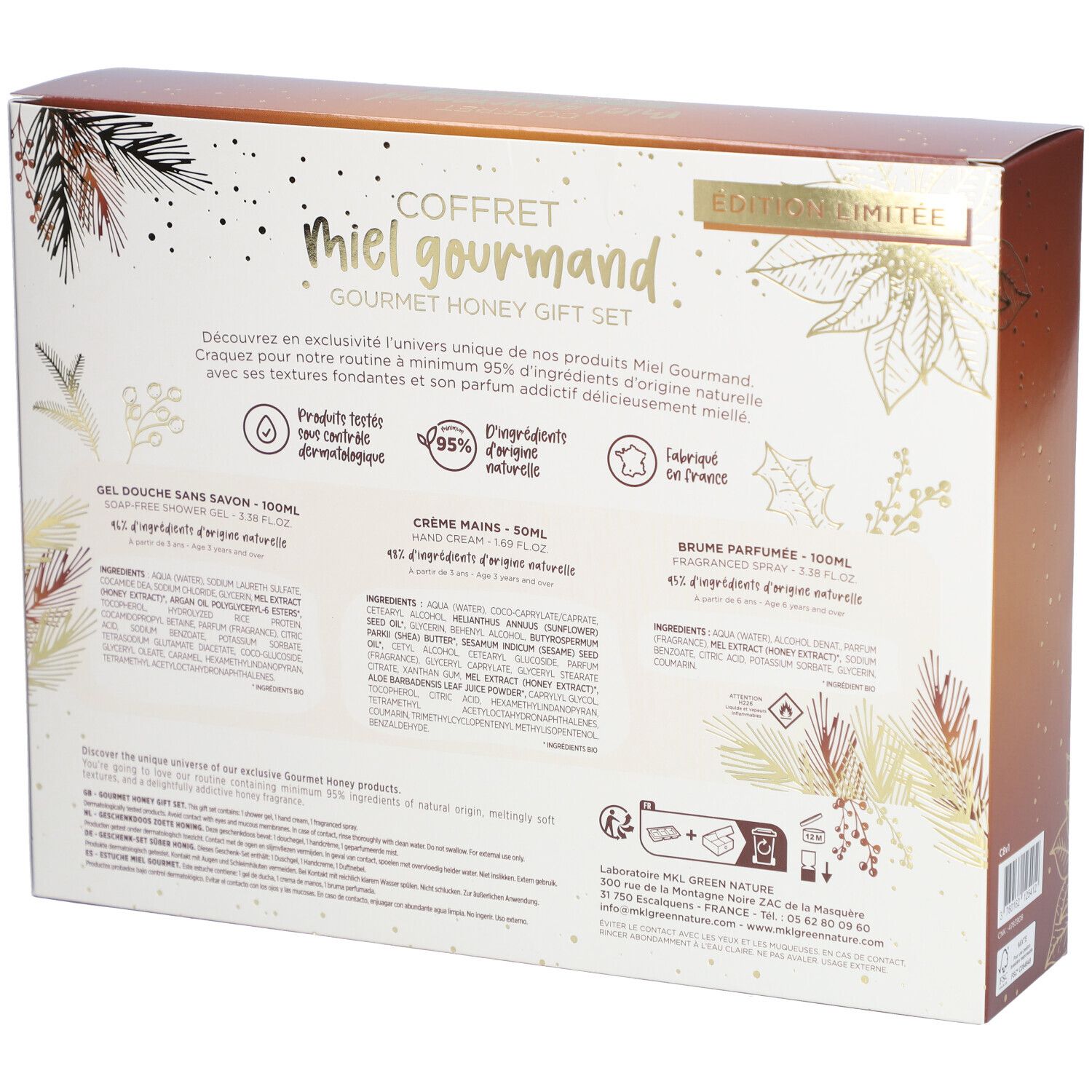 Dos du coffret cadeau avec informations produit, ingrédients et certifications. Design floral et texte.