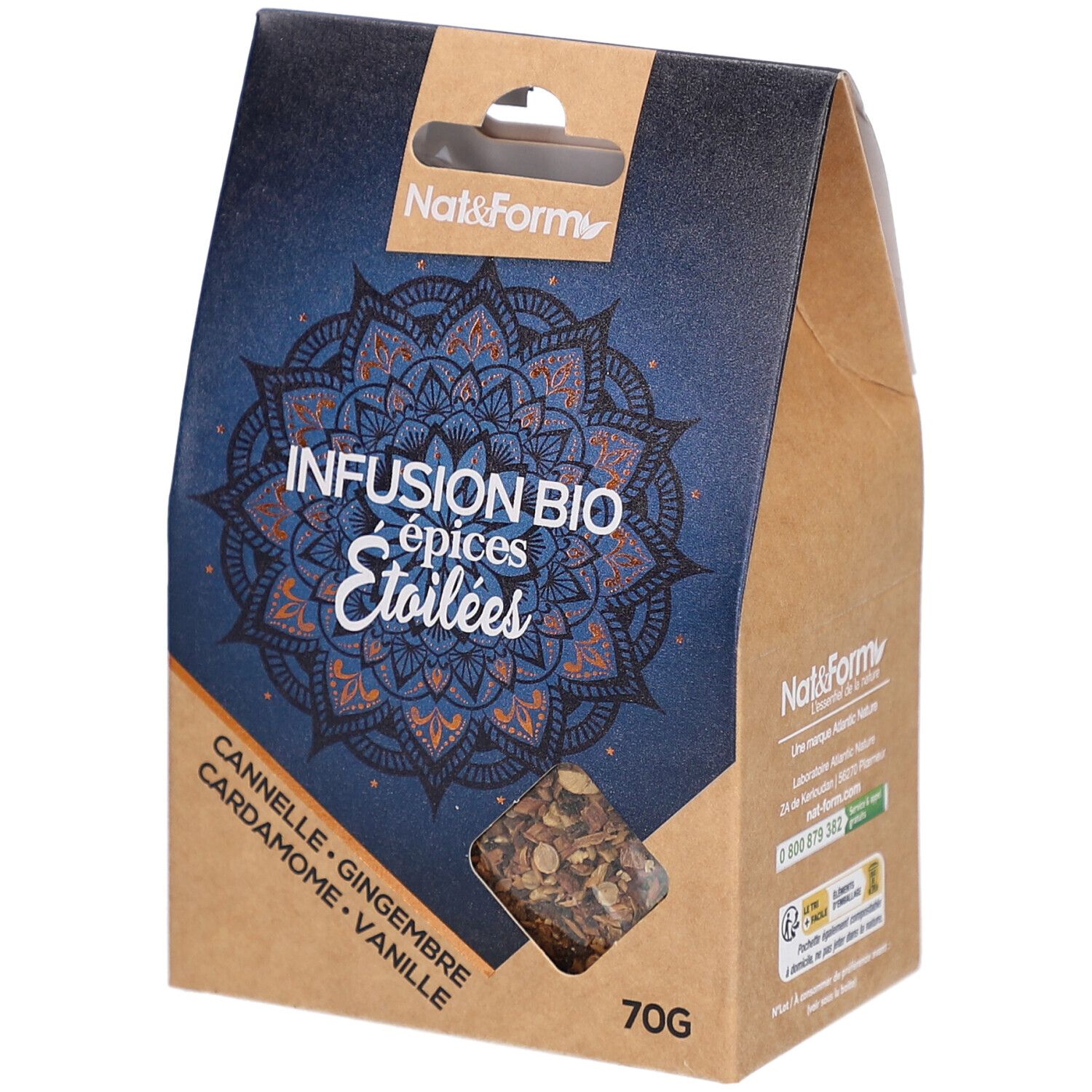 Boîte en carton avec fenêtre. Inscription: Infusion Bio épices Etoilées. Ingrédients visibles. 70g. Marque Nat&Form.