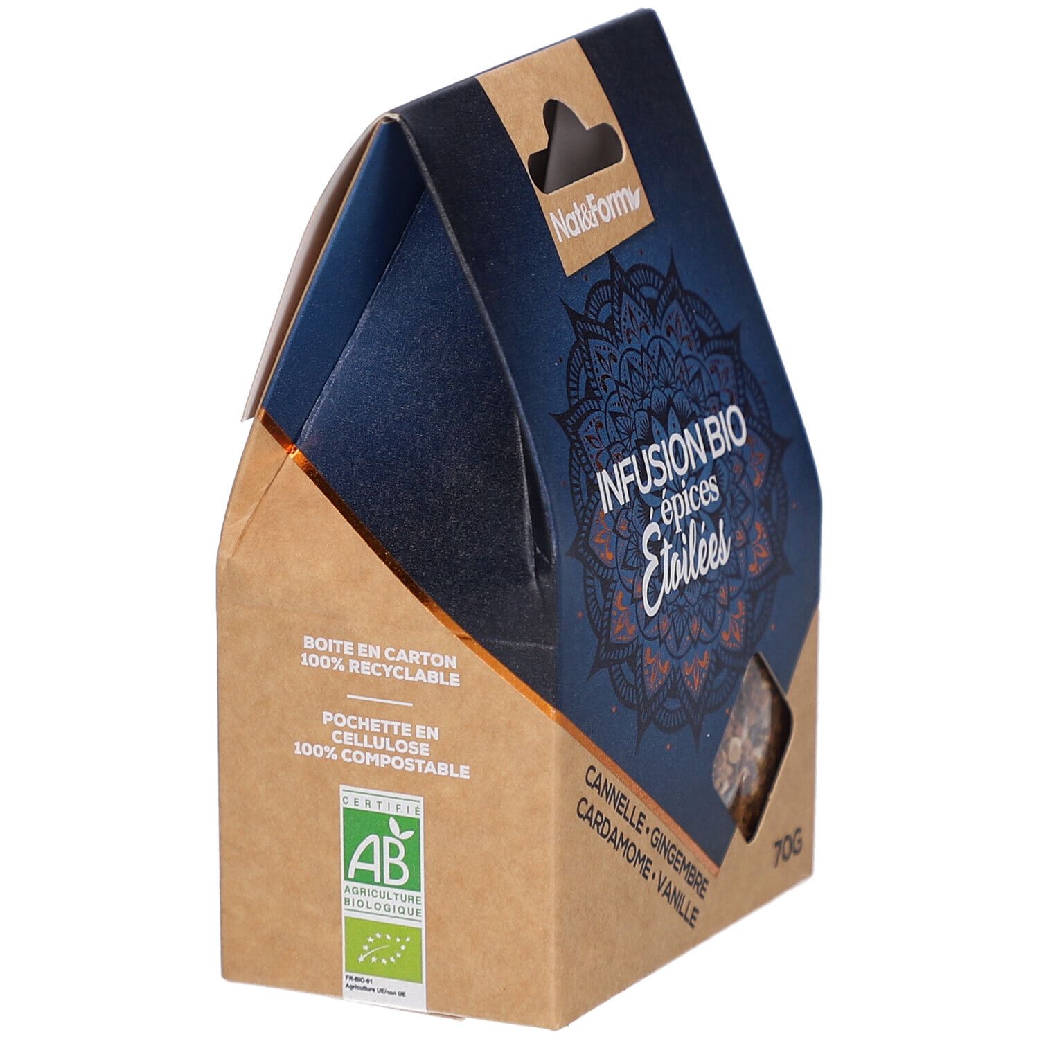 Emballage carton partiellement ouvert. Inscription: Infusion Bio épices Etoilées. Certification AB Bio. 100% compostable.