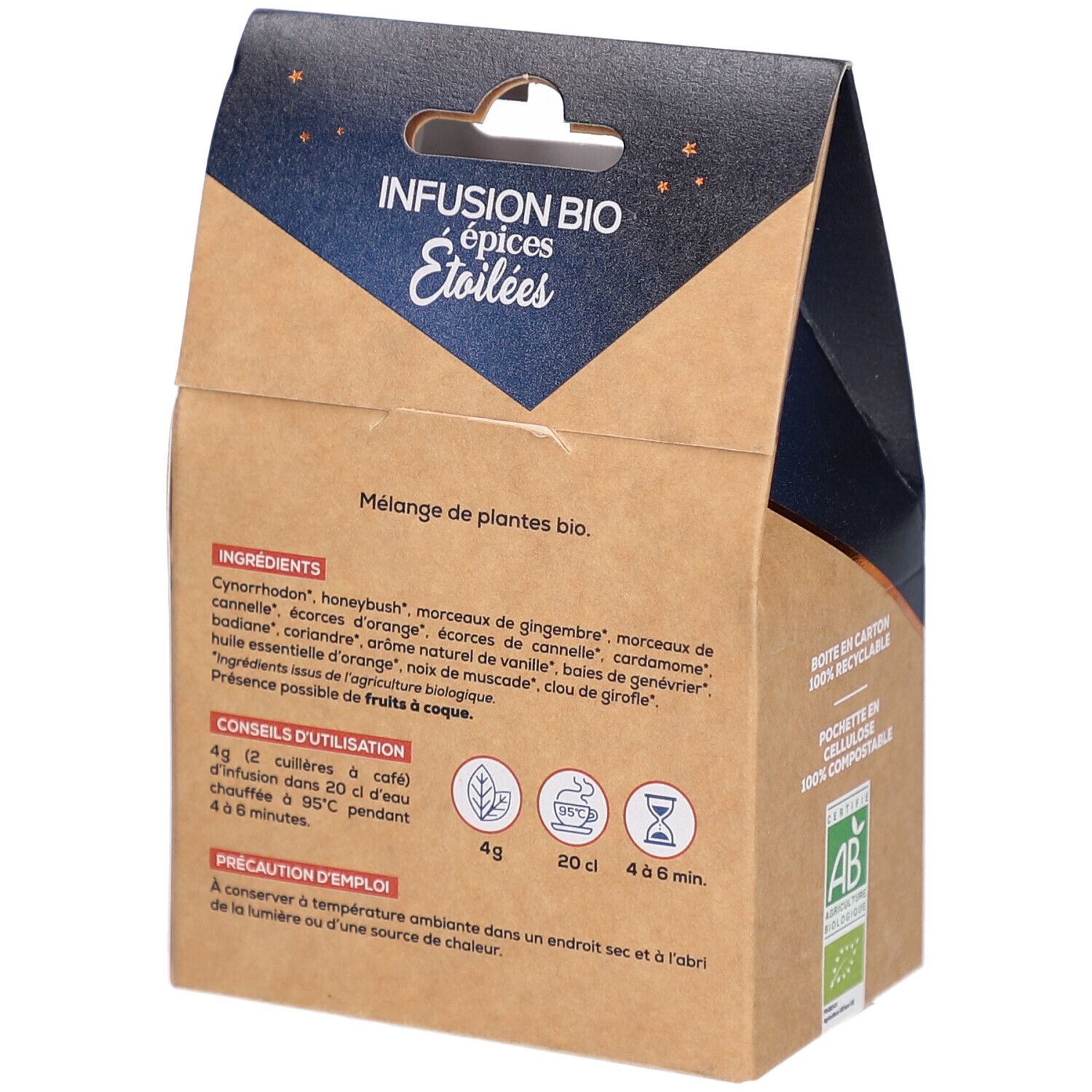 Dos de l'emballage en carton. Inscription: Infusion Bio épices Etoilées. Liste des ingrédients et conseils d'utilisation. Certification AB Bio.