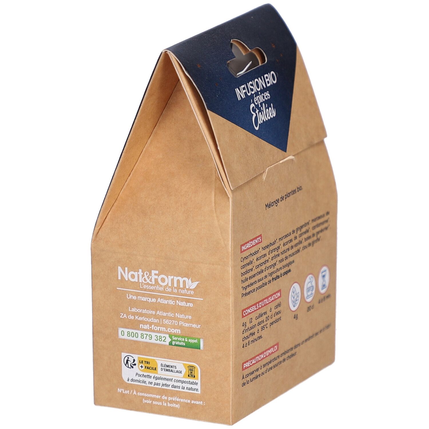 Dos de l'emballage en carton. Marque Nat&Form. Adresse et coordonnées. Certification AB Bio. 100% compostable.