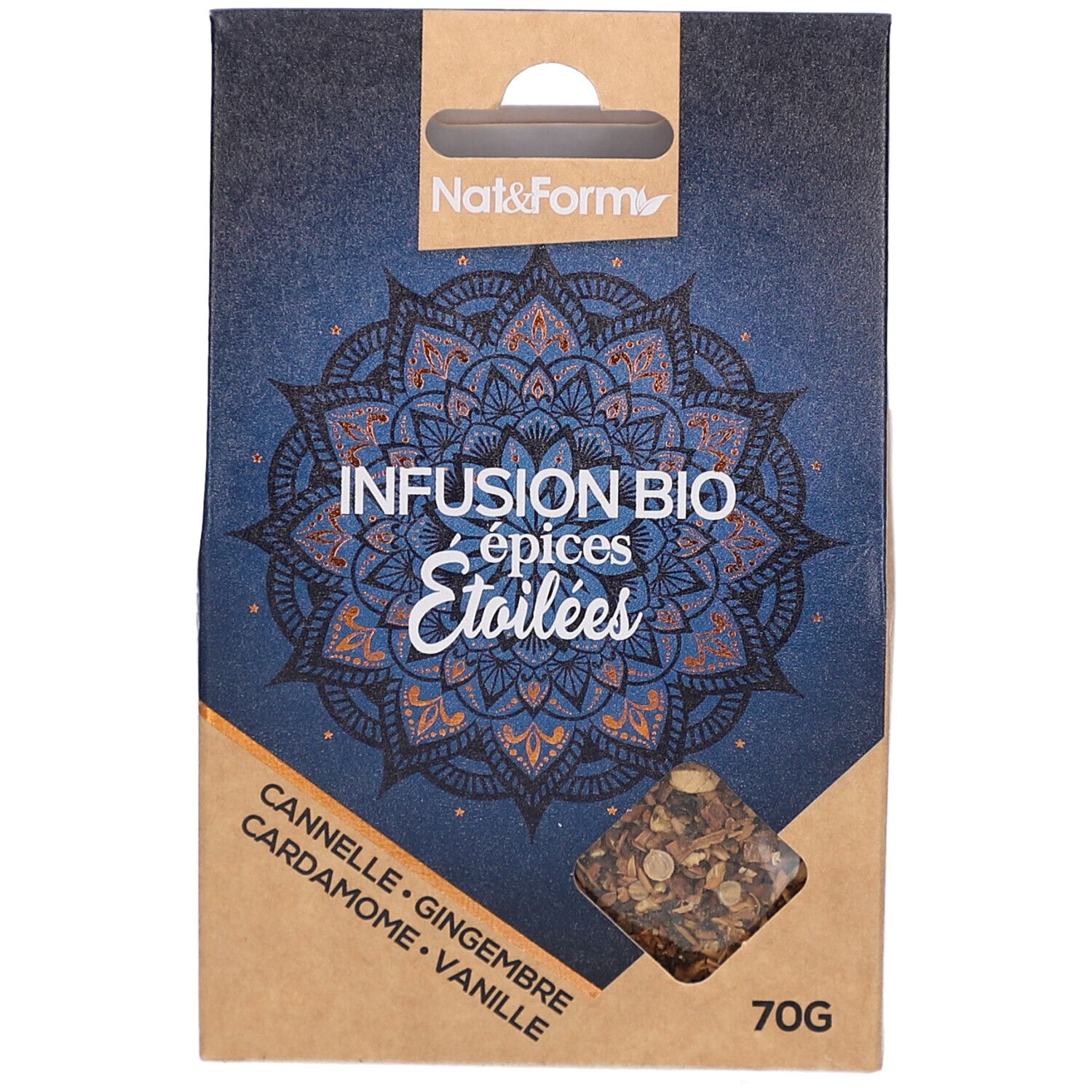 Boîte en carton avec fenêtre. Inscription: Infusion Bio épices Etoilées. Ingrédients visibles. 70g. Marque Nat&Form.
