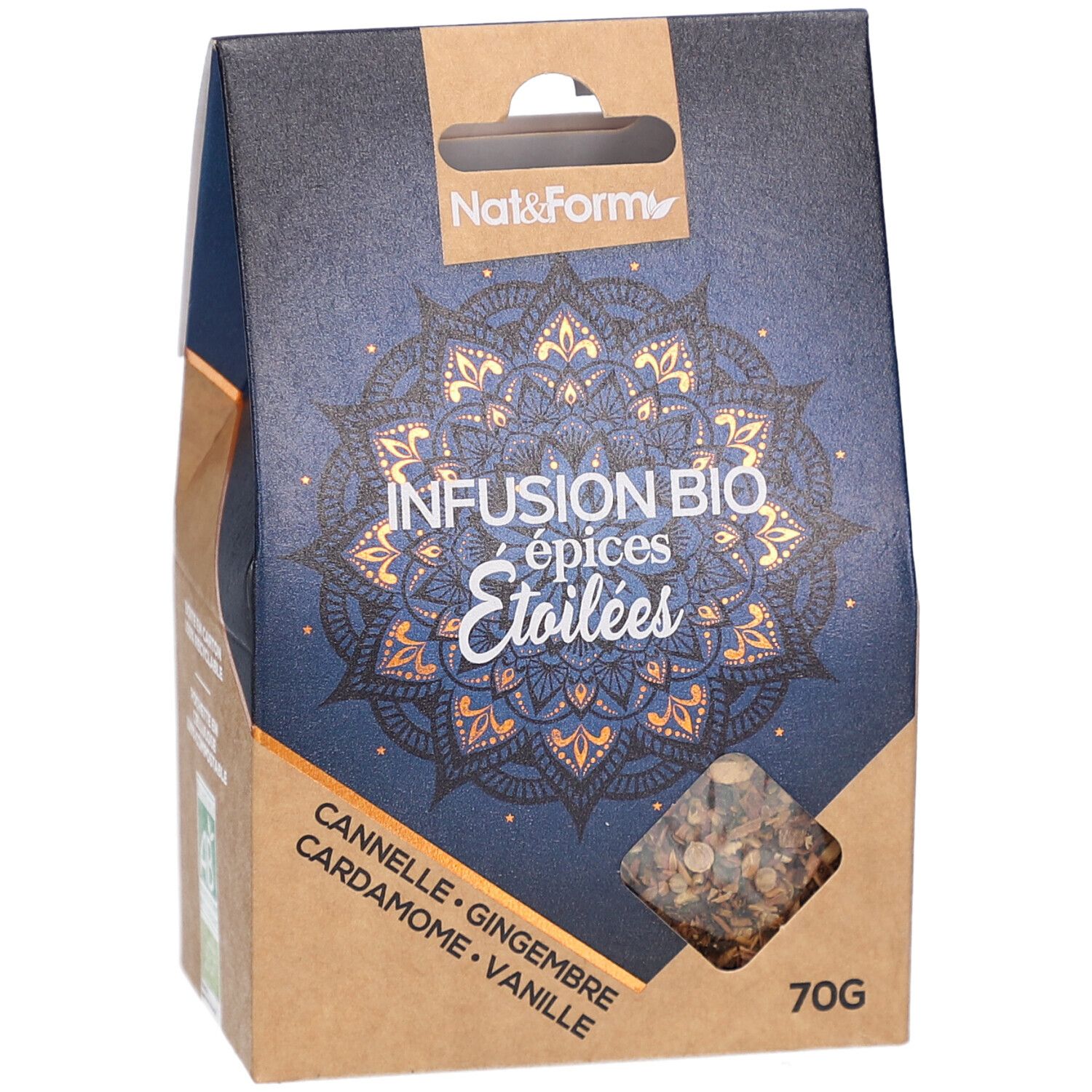 Boîte en carton avec fenêtre. Inscription: Infusion Bio épices Etoilées. Ingrédients visibles. 70g. Marque Nat&Form.
