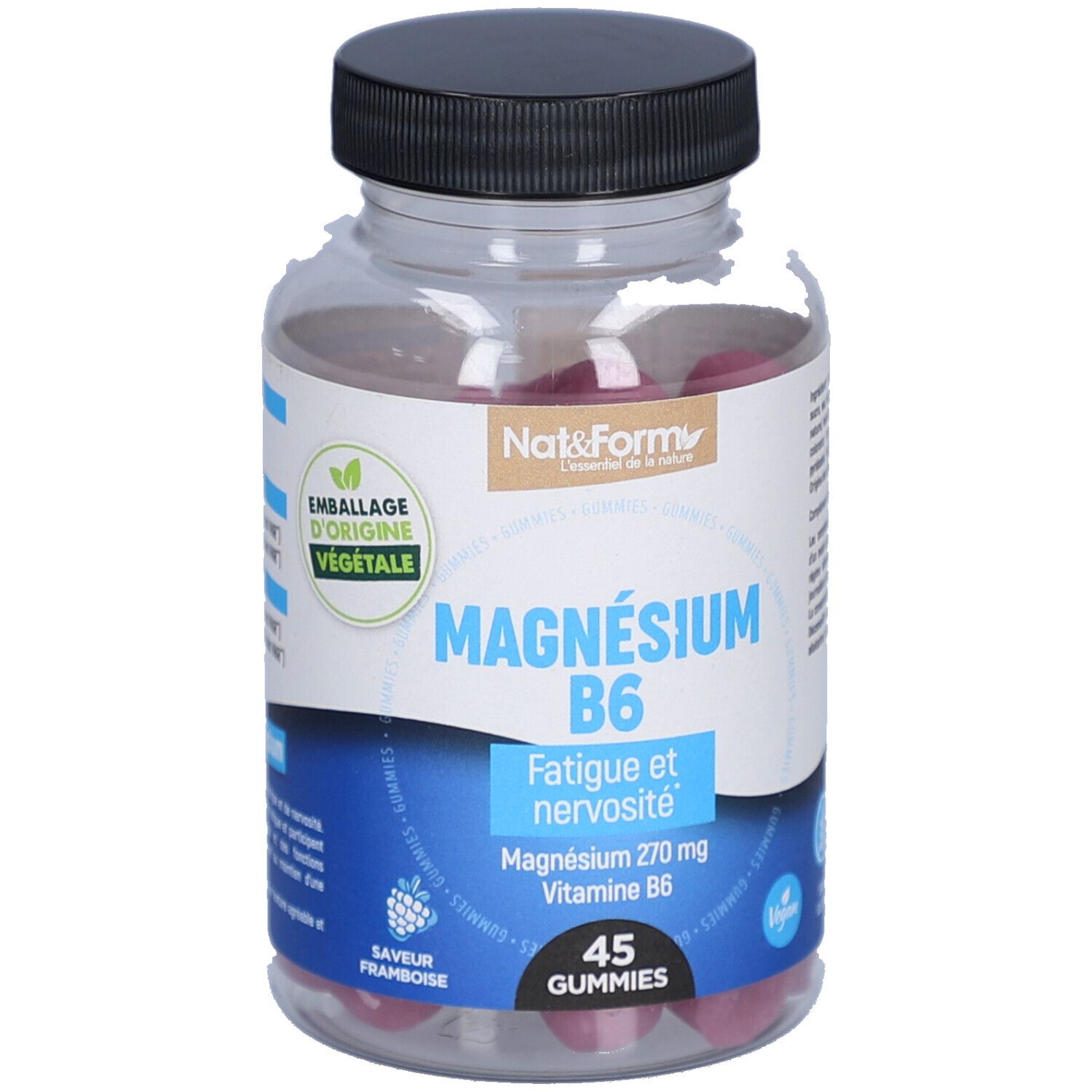 Flacon transparent, bouchon noir. Inscription: MAGNÉSIUM B6, 45 gummies. Marque: Nat&Form. Label vegan.