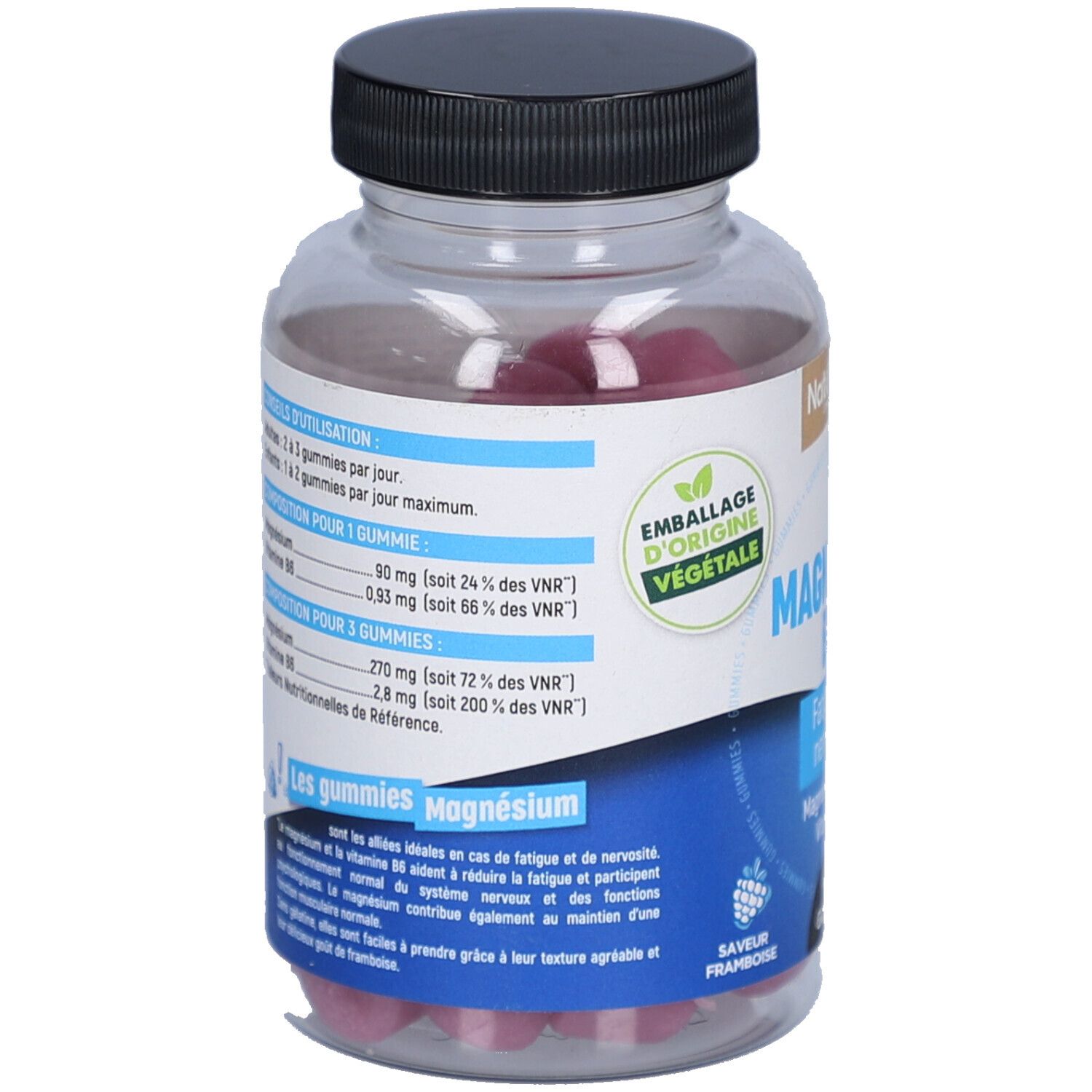 Dos du flacon. Informations sur les ingrédients et le dosage. Texte en français. Label vegan.