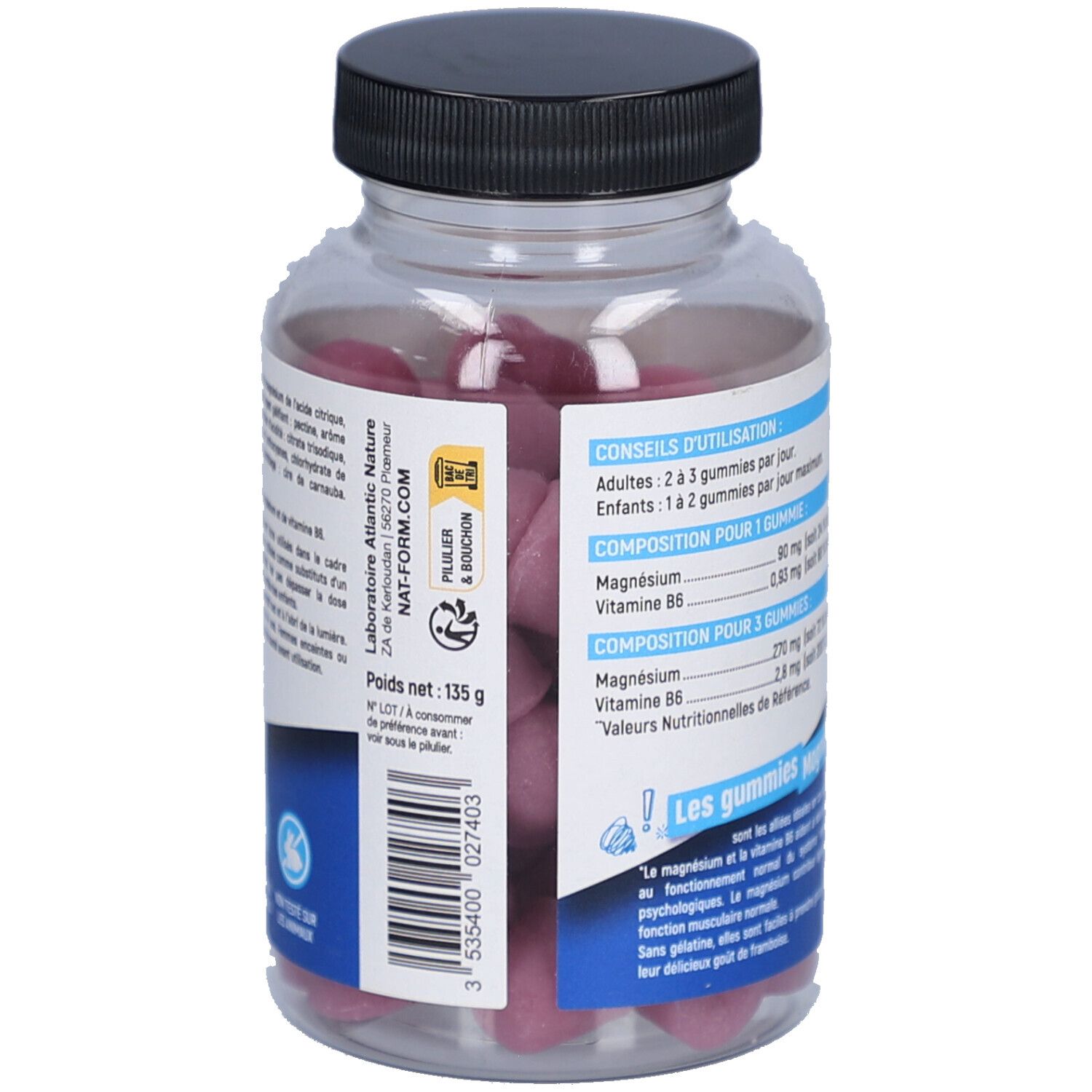 Dos du flacon. Informations sur les ingrédients et le dosage. Texte en français. Poids: 135 g.