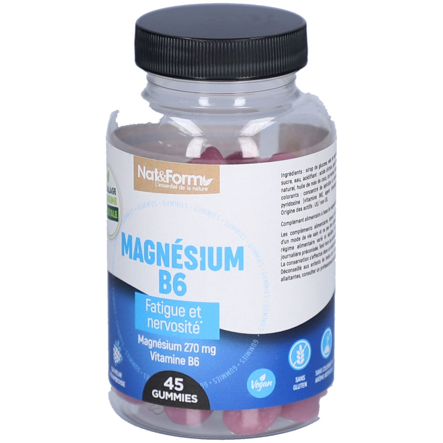 Flacon transparent, bouchon noir. Inscription: MAGNÉSIUM B6, 45 gummies. Marque: Nat&Form. Label vegan.