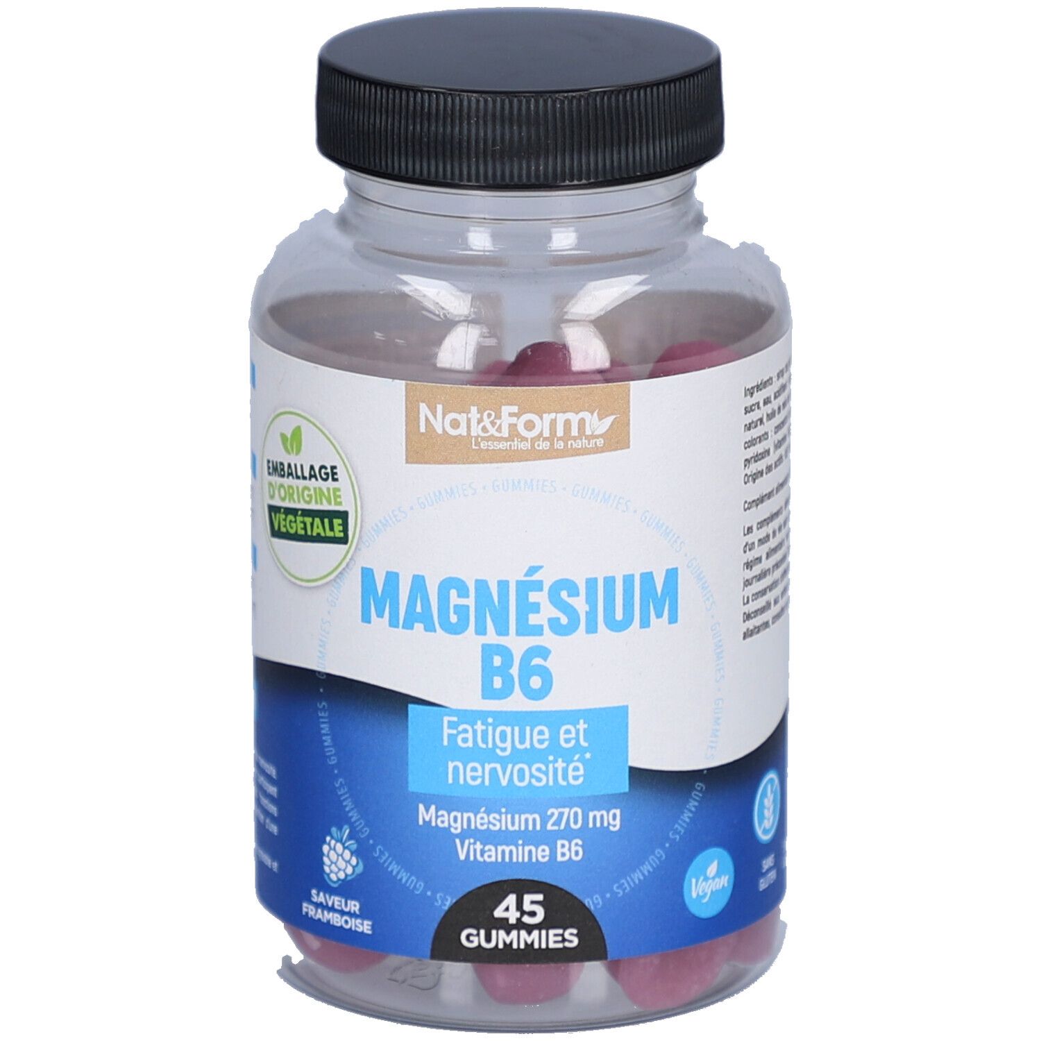 Flacon transparent, bouchon noir. Inscription: MAGNÉSIUM B6, 45 gummies. Marque: Nat&Form. Label vegan.