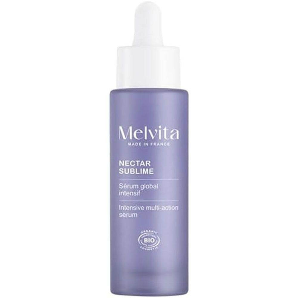 Flacon en verre violet avec bouchon compte-gouttes et inscription Melvita Nectar Sublime.