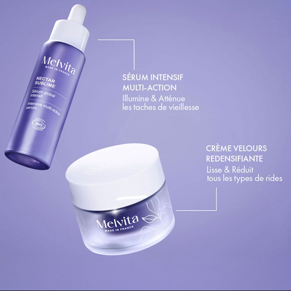 Flacon de sérum Melvita Nectar Sublime et un pot de crème Melvita.
