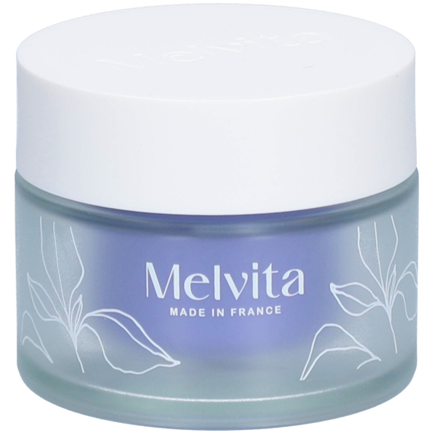 Pot rond avec couvercle blanc. Melvita et un motif floral sont sur le verre bleu. Fabriqué en France.