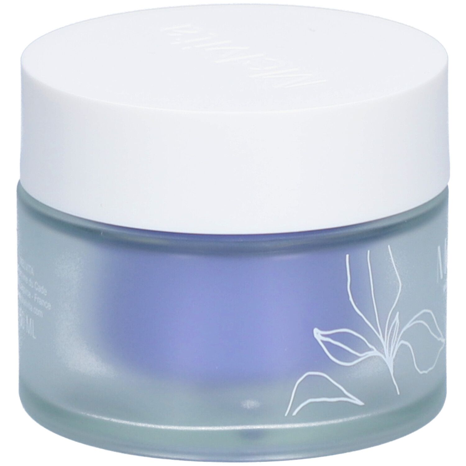 Pot rond avec couvercle blanc. Motif floral sur le verre bleu. Le pot est teinté de bleu.