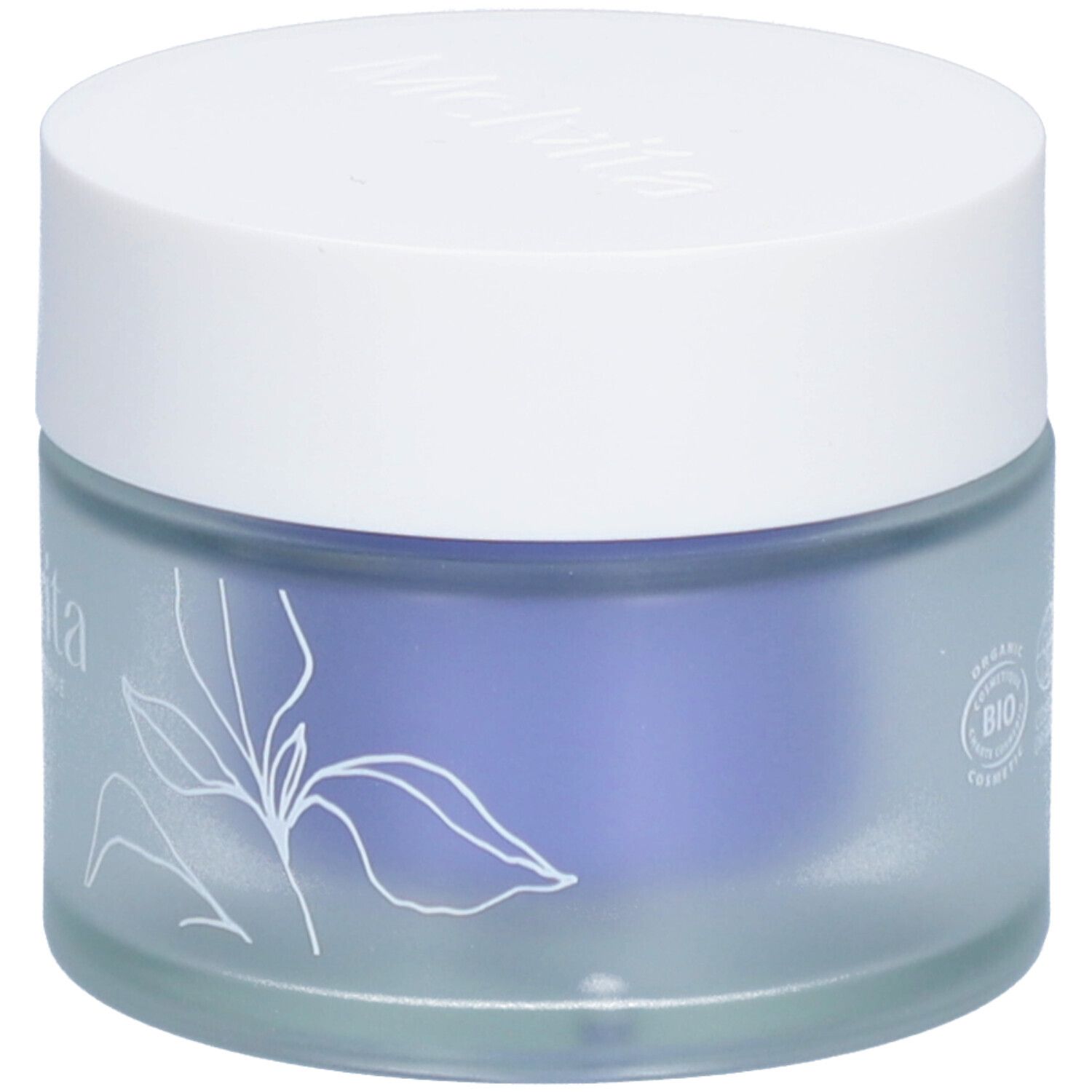 Pot rond avec couvercle blanc. Motif floral sur le verre bleu. Certification biologique.
