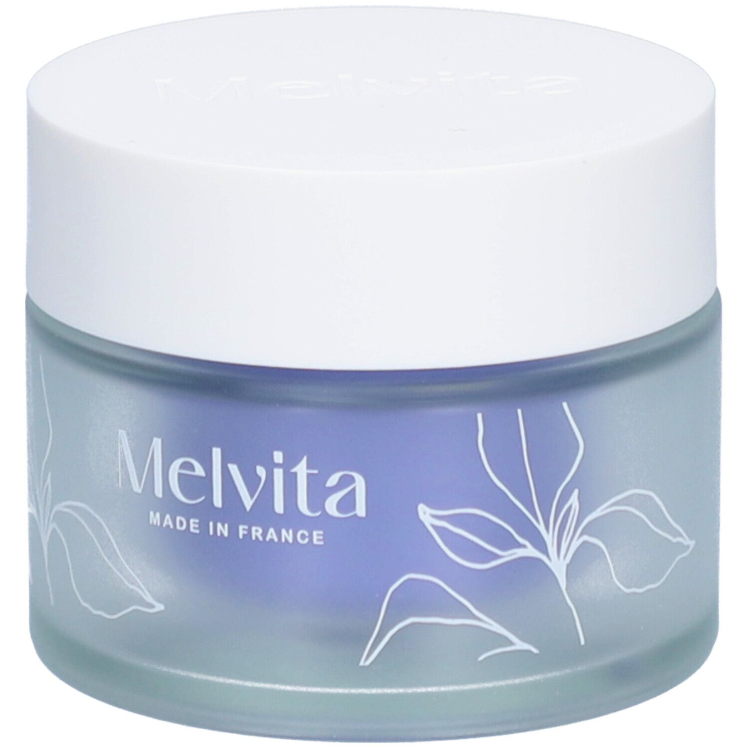 Pot rond avec couvercle blanc. Melvita et Made in France sur le verre bleu. Floral.