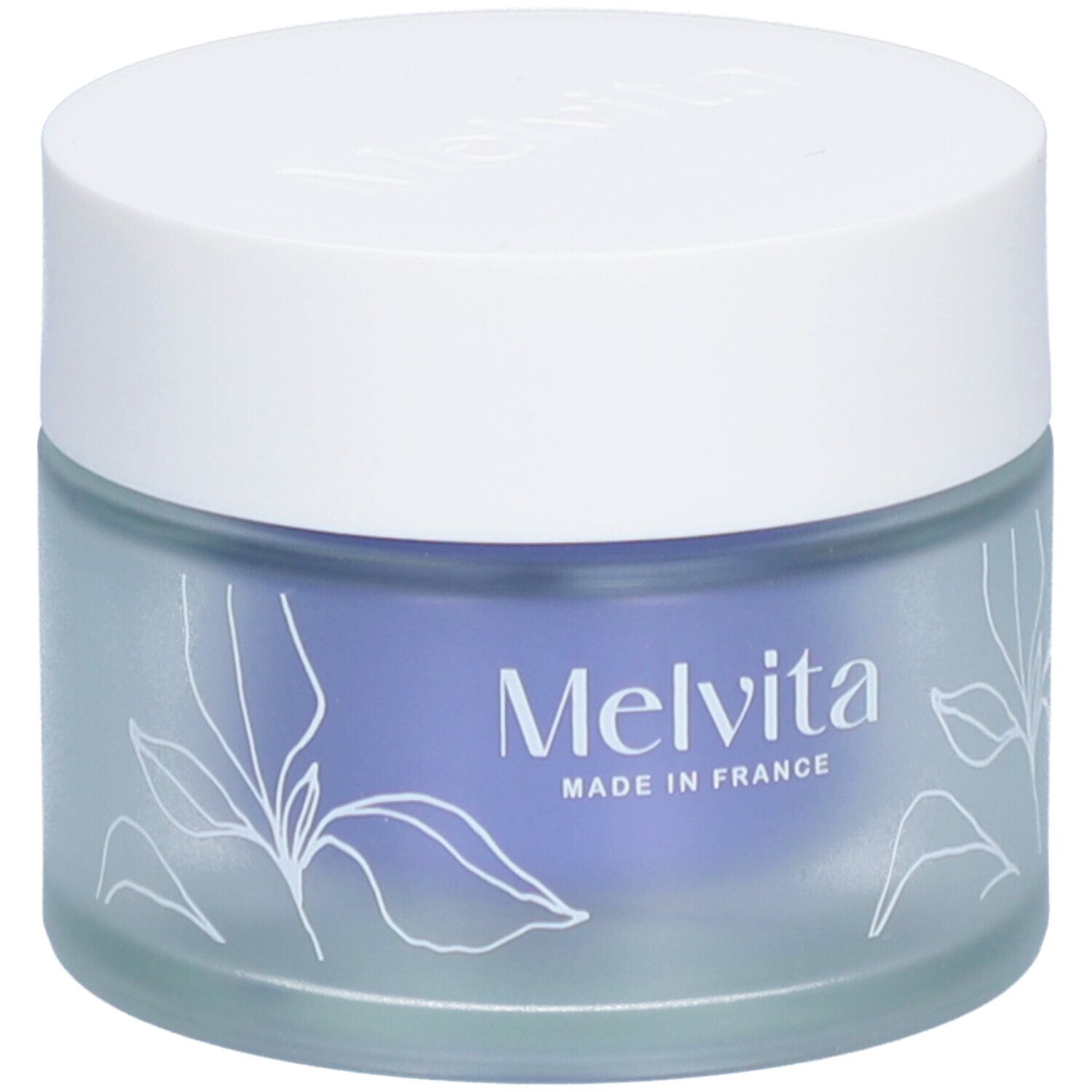 Pot rond avec couvercle blanc. Melvita et Made in France sur le verre bleu. Floral.