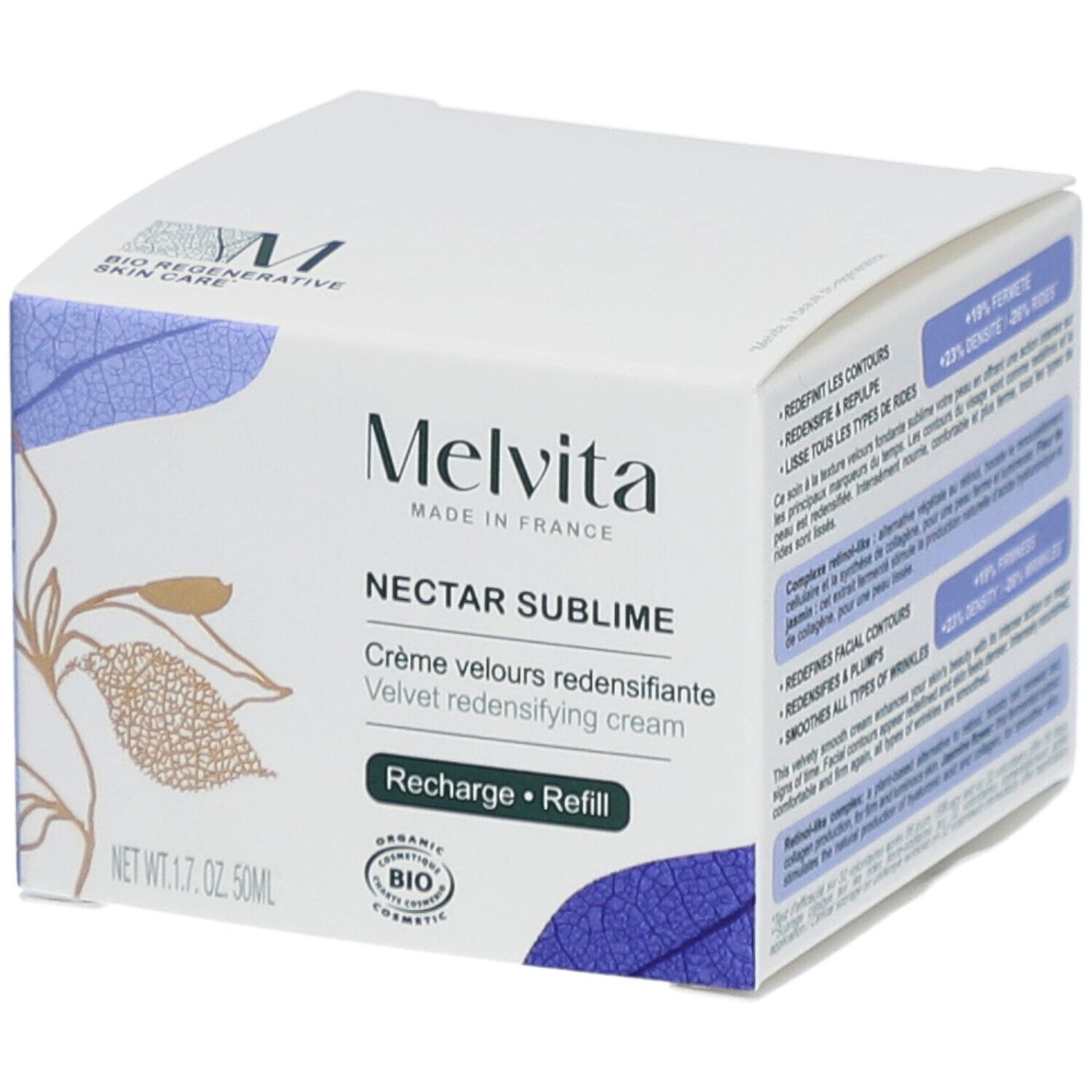 Boîte blanche avec informations produit. Logo Melvita et nom Nectar Sublime. Certification biologique.