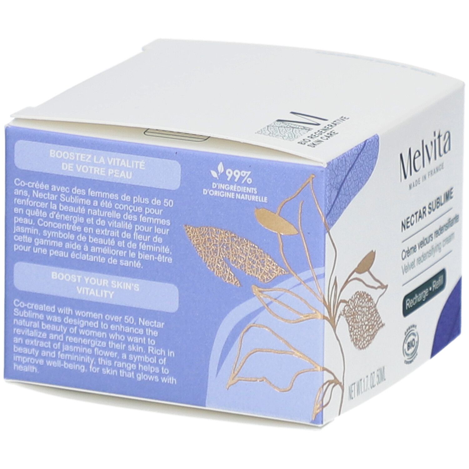 Boîte blanche avec informations produit. Melvita Nectar Sublime. Texte: Boostez la vitalité de votre peau. 99% ingrédients naturels.