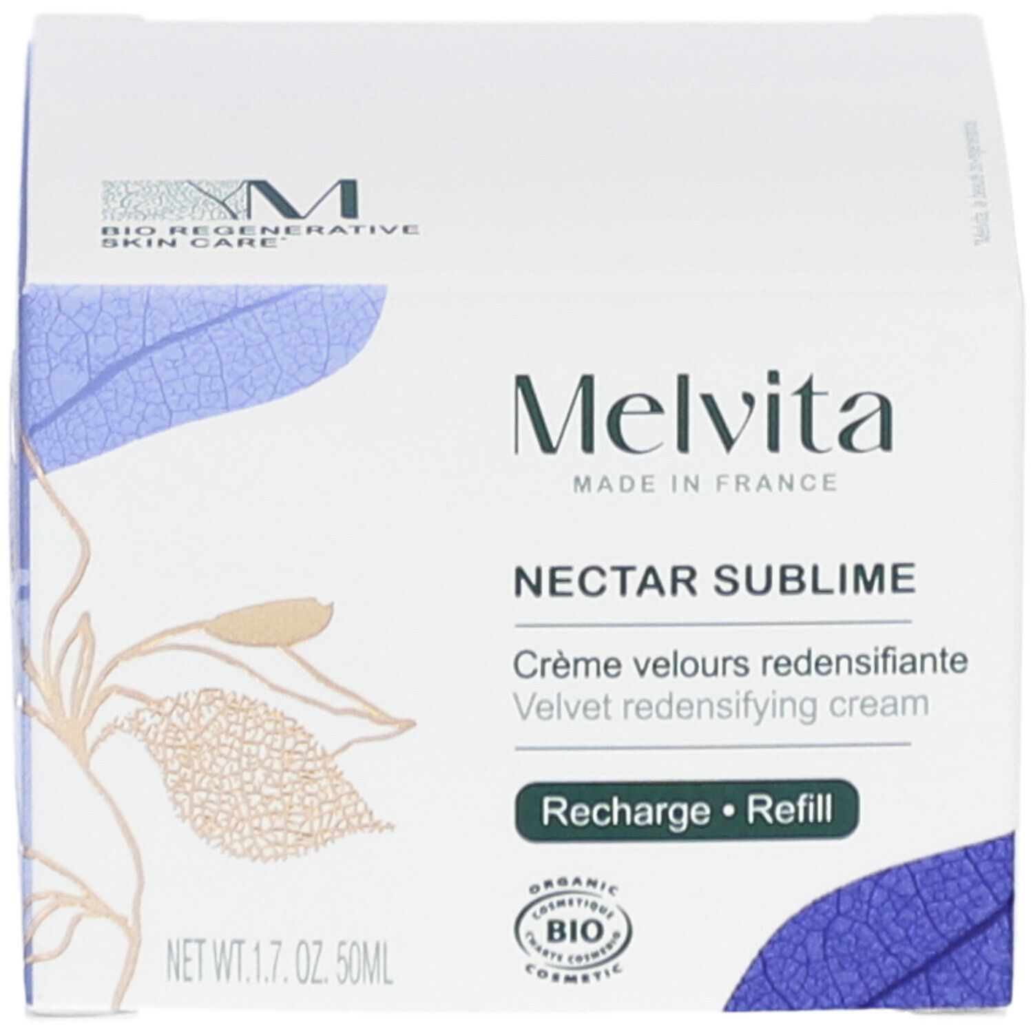 Boîte blanche avec informations produit. Logo Melvita et nom Nectar Sublime. Certification biologique. 50ml.