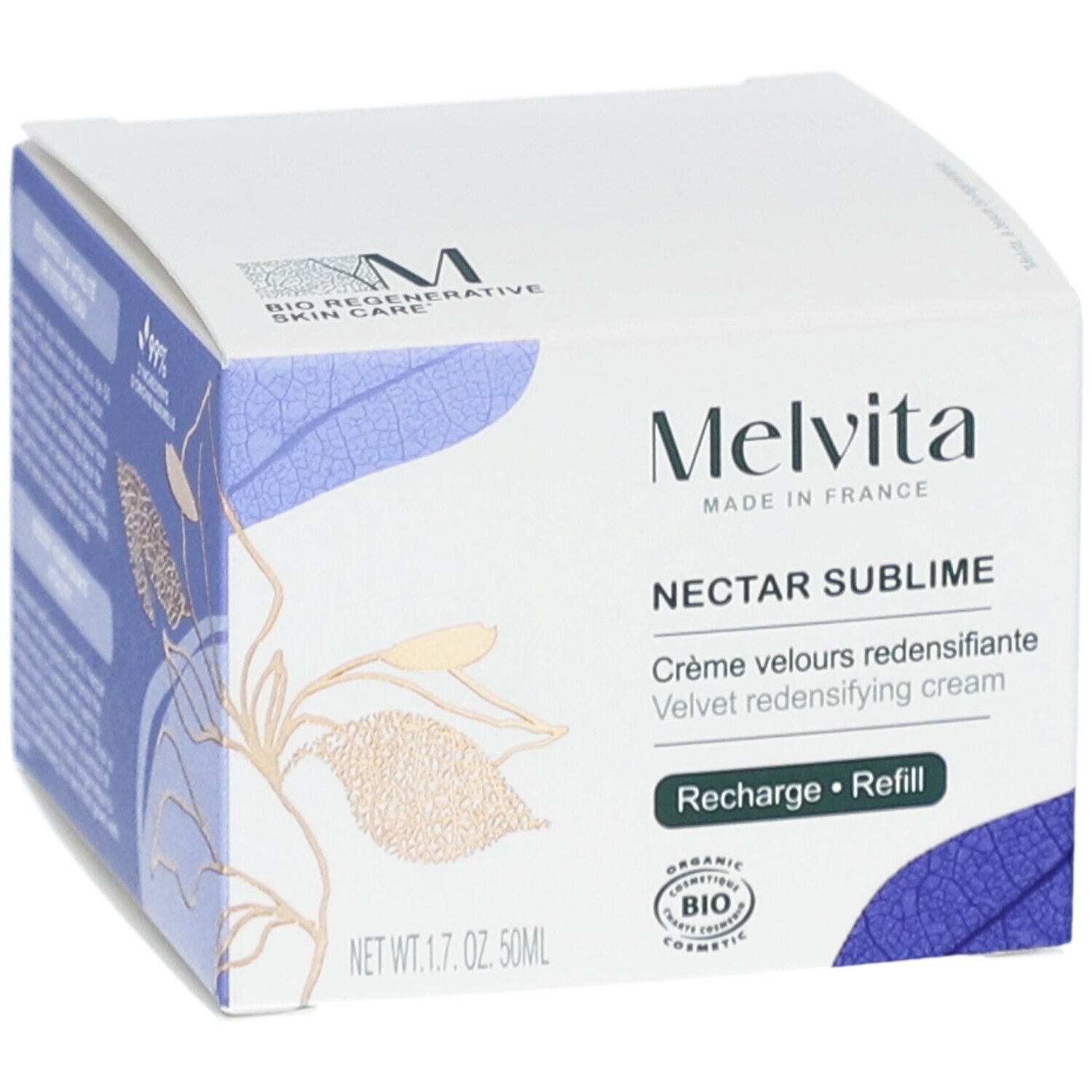 Boîte blanche avec informations produit. Logo Melvita et nom Nectar Sublime. Certification biologique. 50ml.
