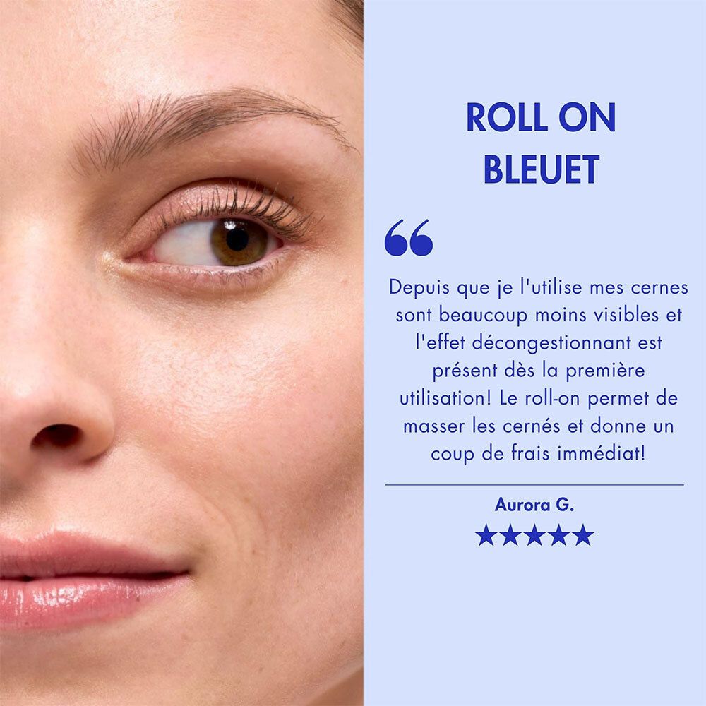 Gros plan sur un visage. Texte : ROLL ON BLEUET. Citation : Aurora G. Évaluation 5 étoiles.